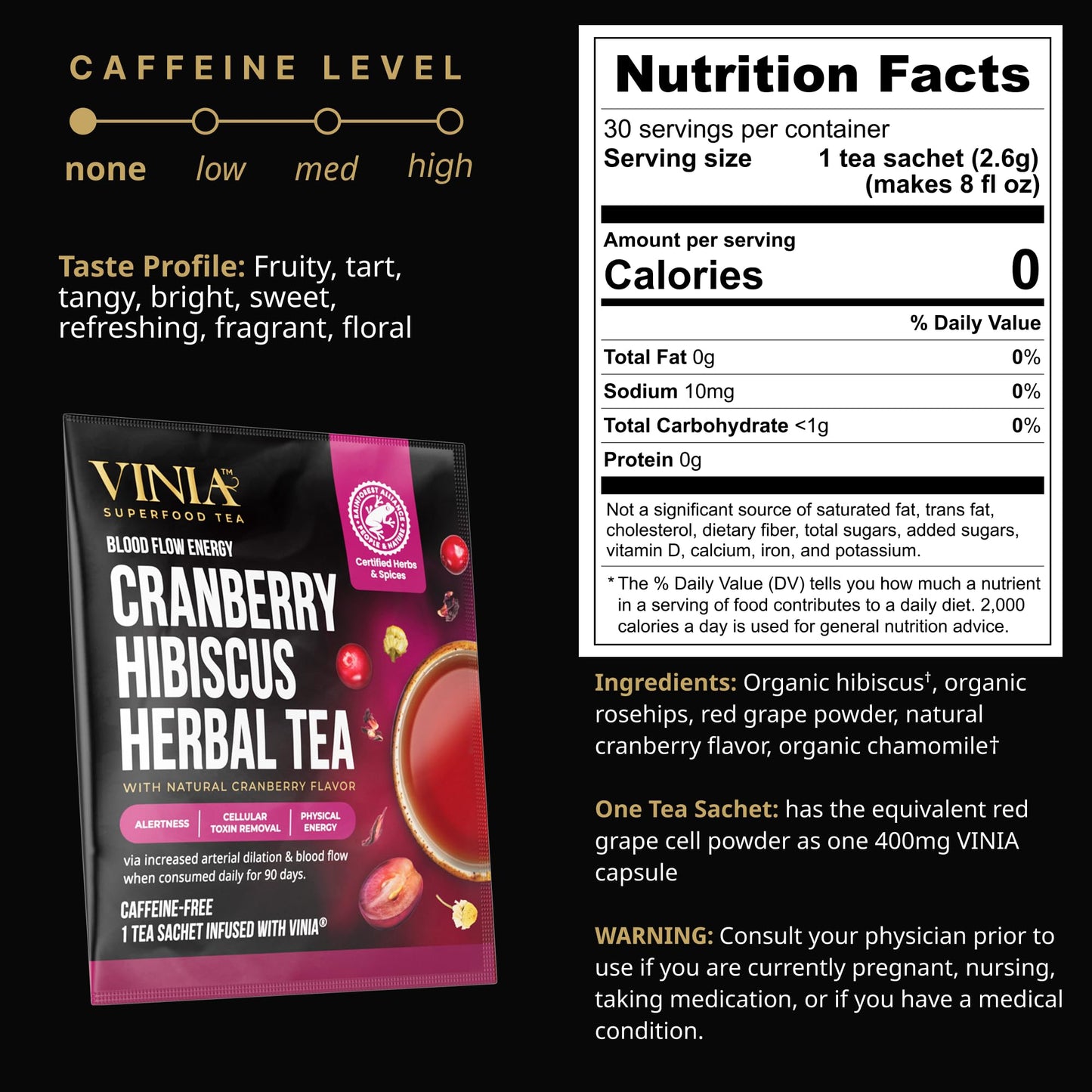 VINIA Cranberry Hibiscus Herbal Tea Bags, Made with Organic Herbal Tea, Infused with Piceid Resveratrol for Heart Health, Nitric Oxide, Physical Energy, Alertness, Blood Flow, Keto, NON-GMO. (30)