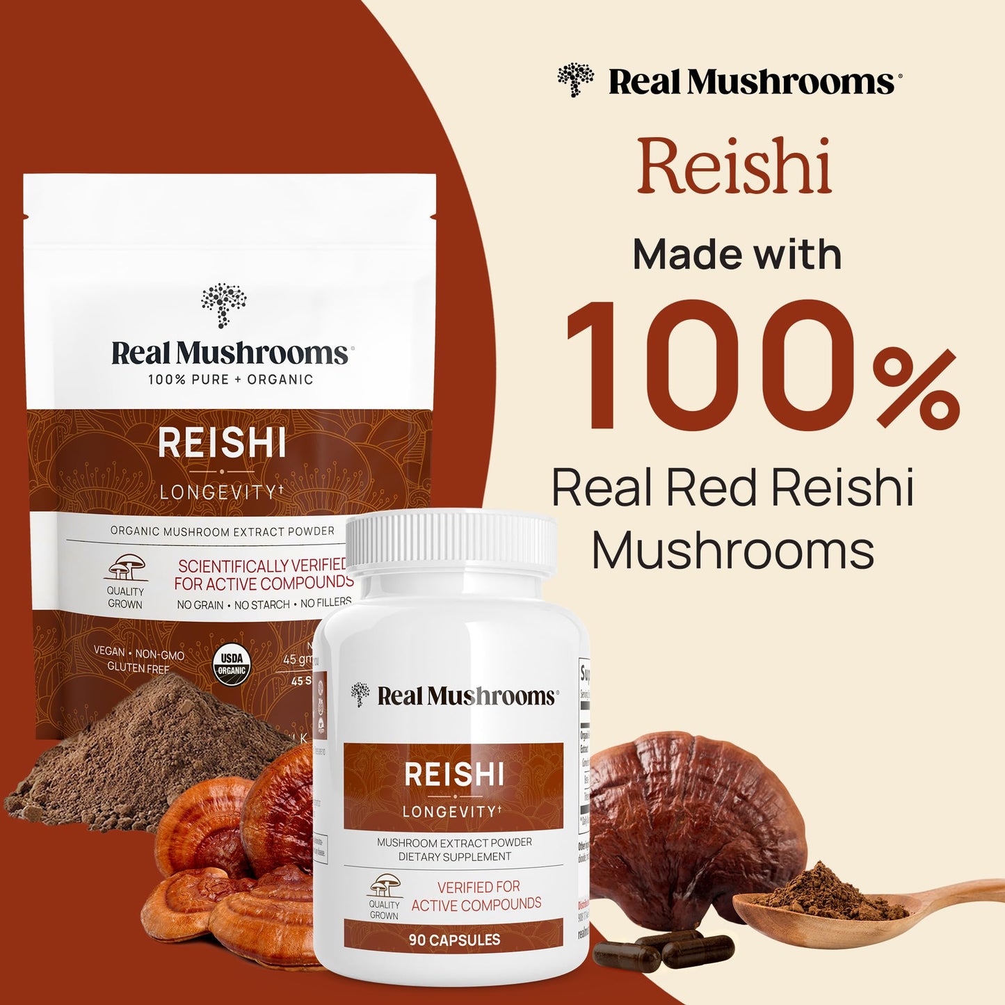 Real Mushrooms Reishi Capsules - Organic Mushroom Extract Supplement with Potent Red Vegan Supplement, Non-GMO, 90 Caps