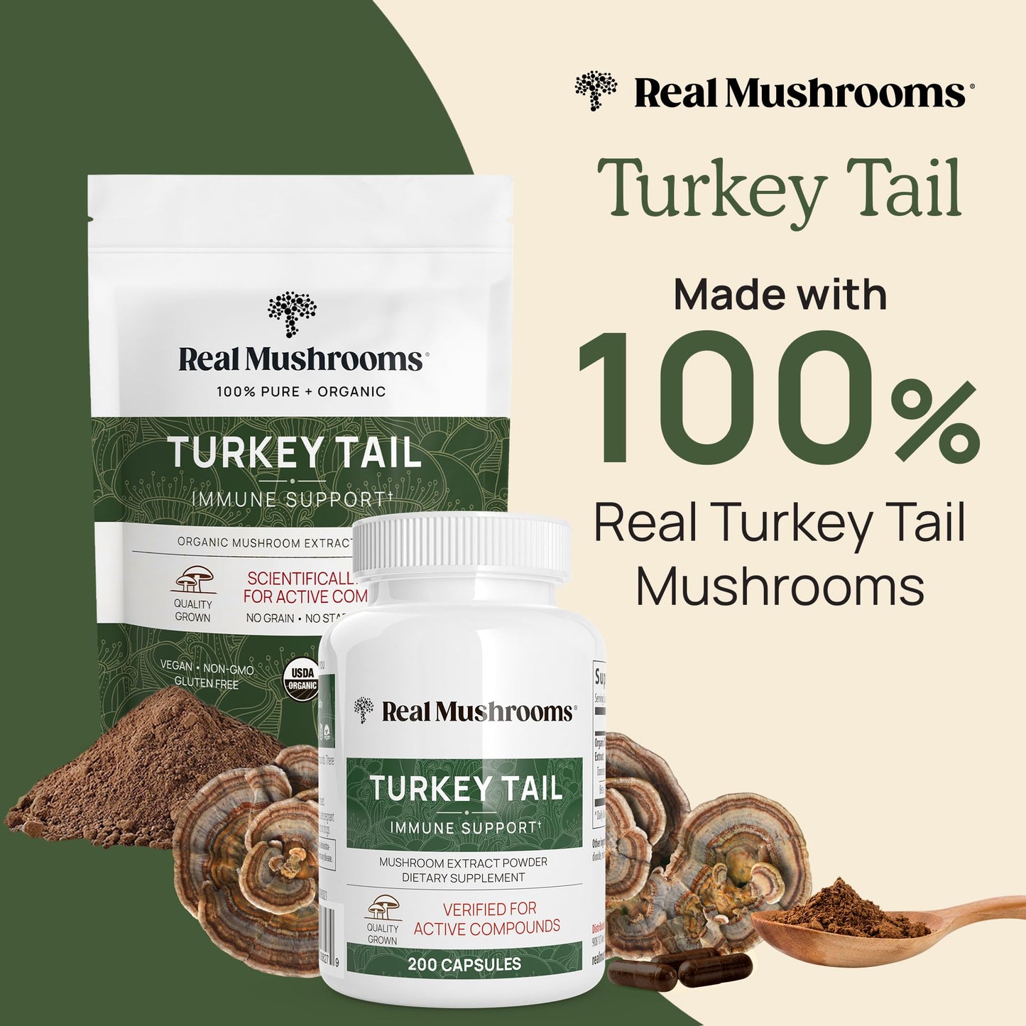 Real Turkey Tail Powder - Organic Mushroom Supplement with Potent Extract for Gut, Energy, Brain, Immune Support Vegan, Non-GMO, 45 Servings