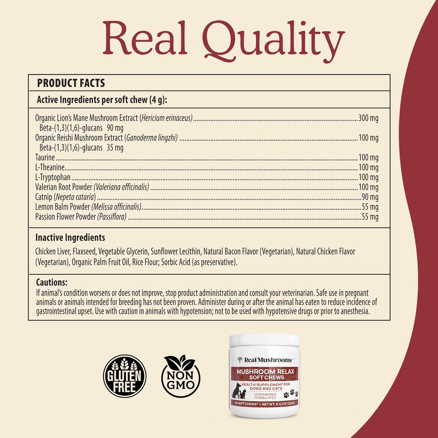 Real Mushrooms Calming Chews for Dogs - Cat Dog Treats w Reishi Lions Mane, Dogs, Relaxation, Bites Pet, 60ct