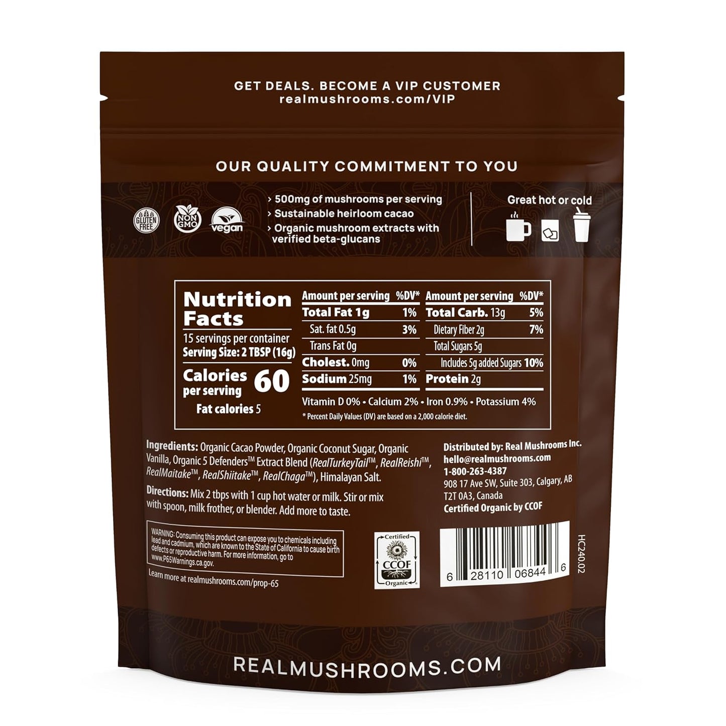Real Mushrooms Unsweetened Organic Hot Chocolate Mix with 5 Defenders Turkey Tail, Chaga, Maitake, Shiitake, Reishi Mushroom - Cacao Powder Vegan Supplement, 15 Servings