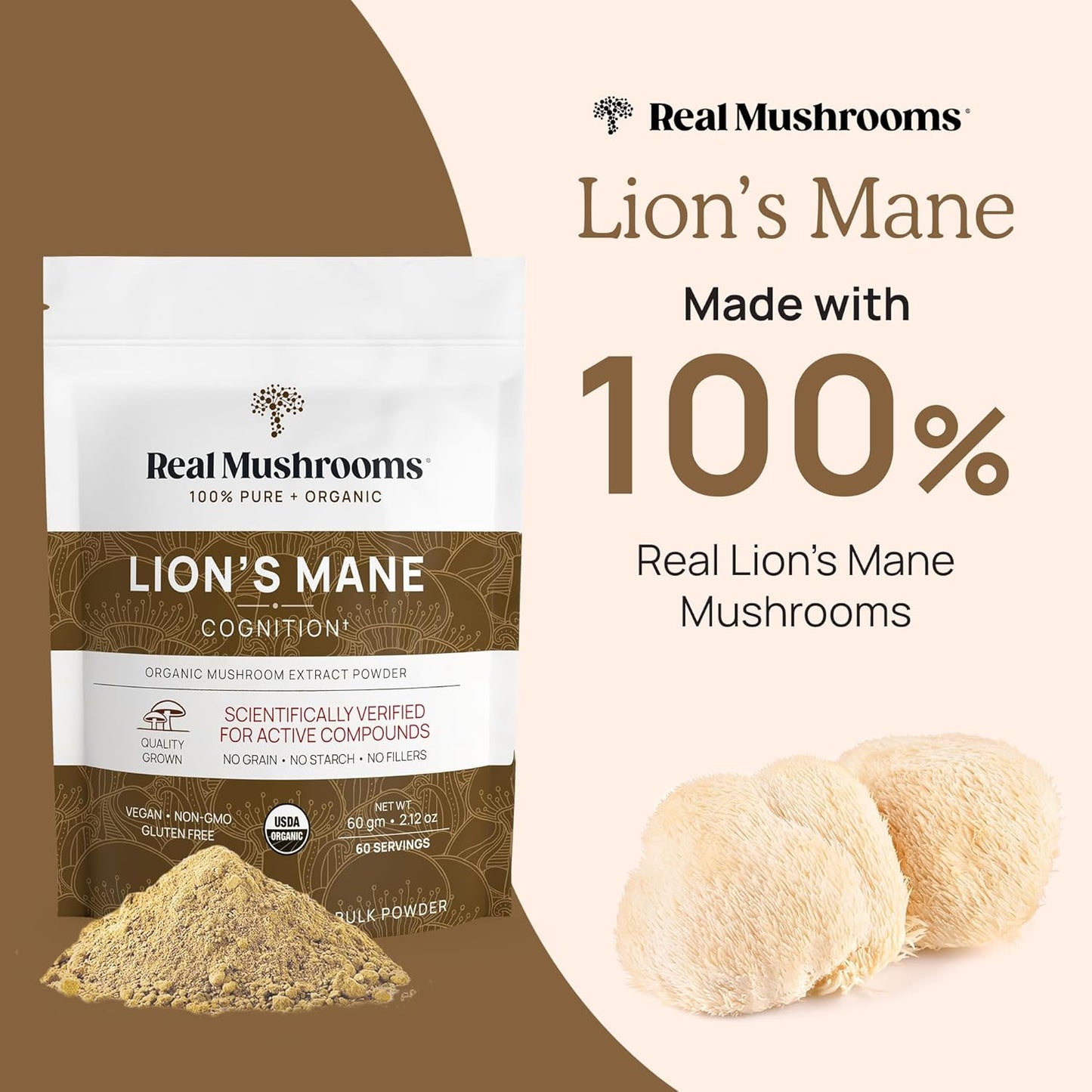 Real Mushrooms Lions Mane Powder - Organic Mushroom Extract for Cognitive Function Immune Support Brain Supplements Memory and Focus Vegan Supplement, 150 Servings