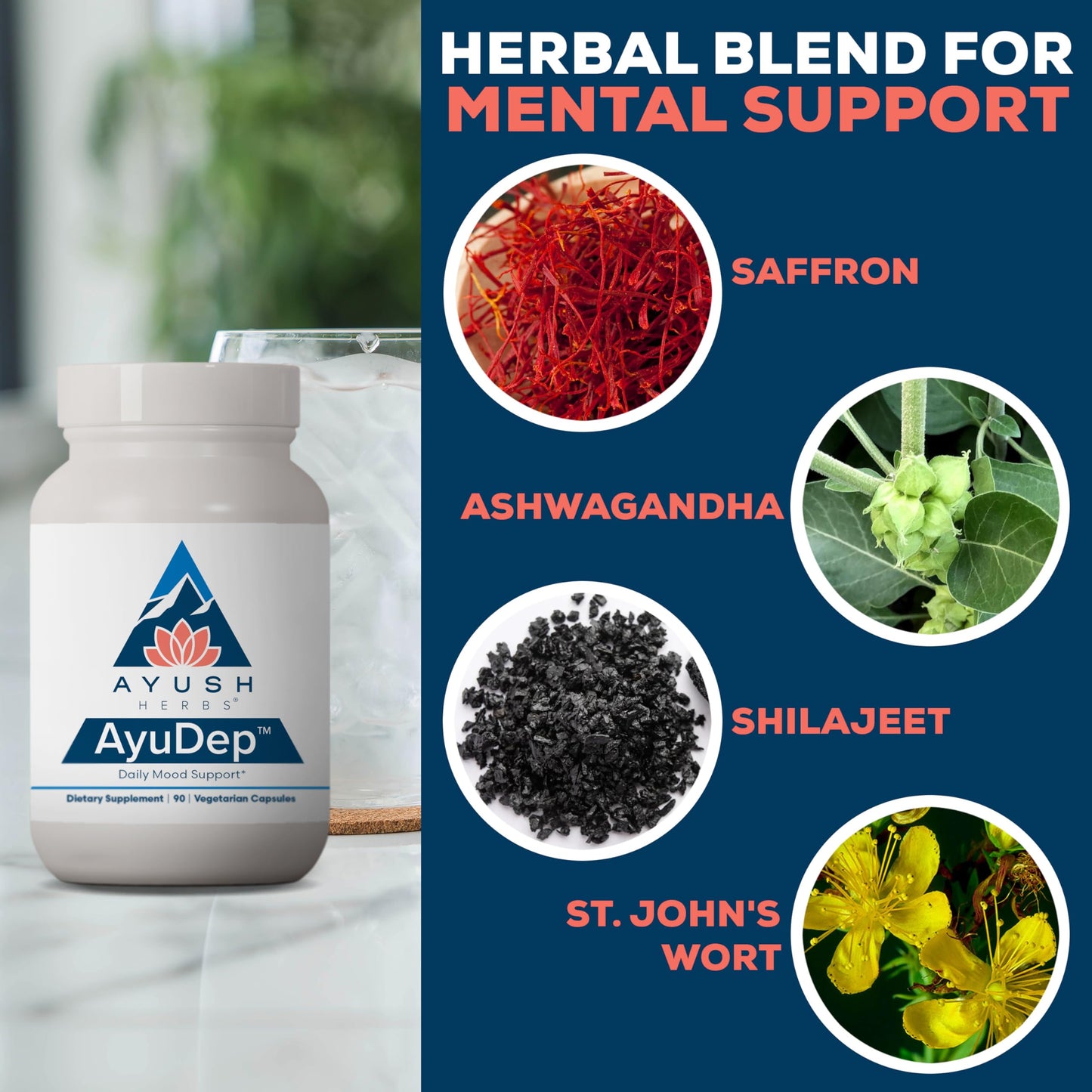 Ayush Herbs AyuDep - Saffron & Ashwagandha Supplements, Uplifting Formula for Women & Men, Herbal Support for Adults - 90 Vegetarian Capsules (1 Count)