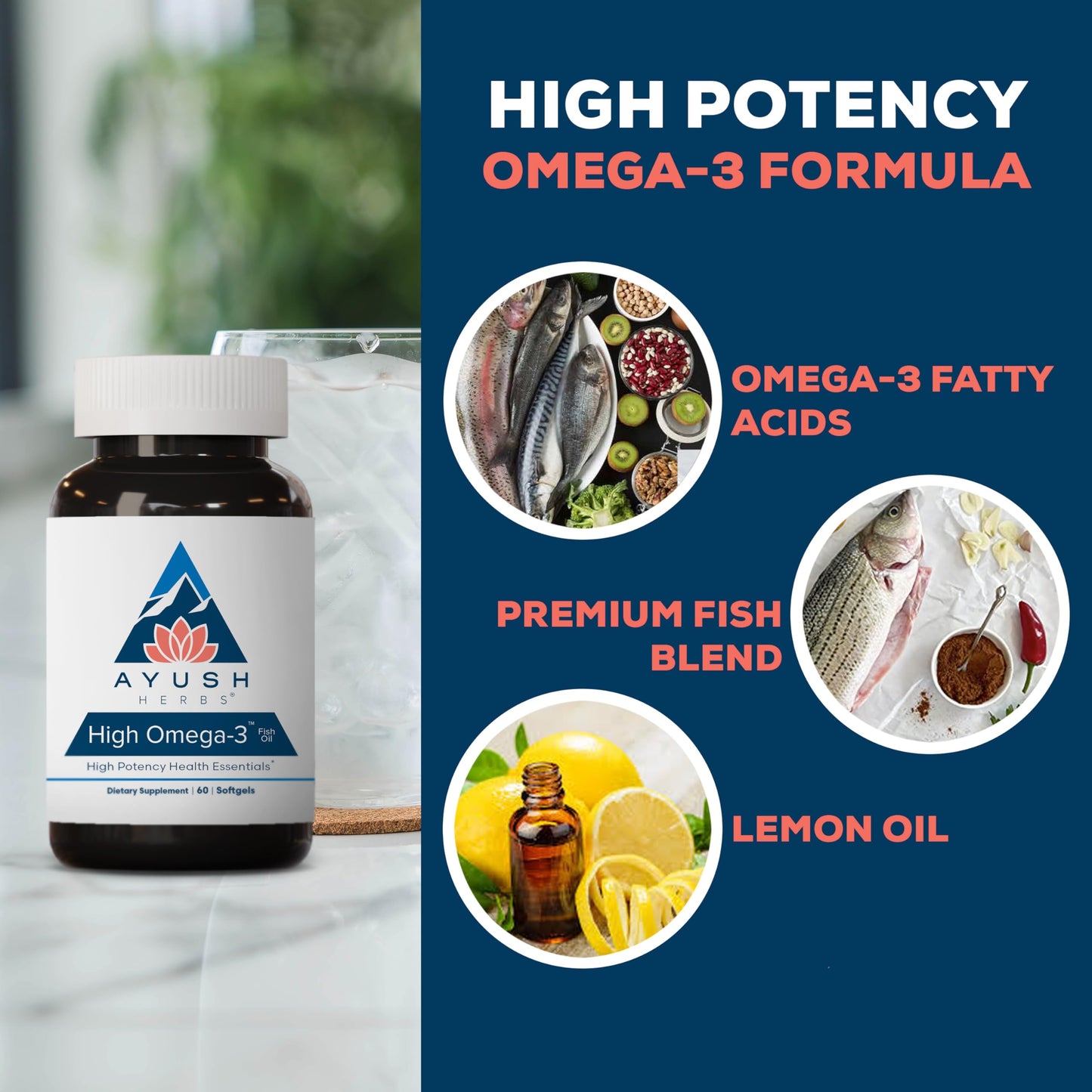 Ayush Herbs High Omega 3 - Omega 3 Fish Oil, 1000mg Per Capsule, EPA & DHA Fish Oil Supplement for Women & Men, Natural Lemon Flavor - 60 Softgel Capsules (1 Count)