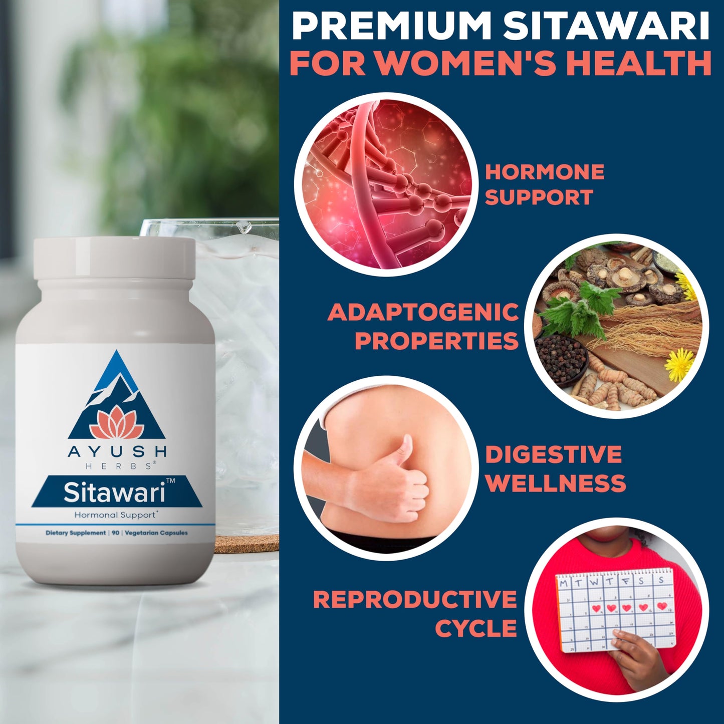 Ayush Herbs Sitawari - Shatavari Capsules for Women, Shatavari Root Supplement, Hormone Balance for Women, Natural Female Reproductive Support - 90 Vegetarian Capsules (1 Count)