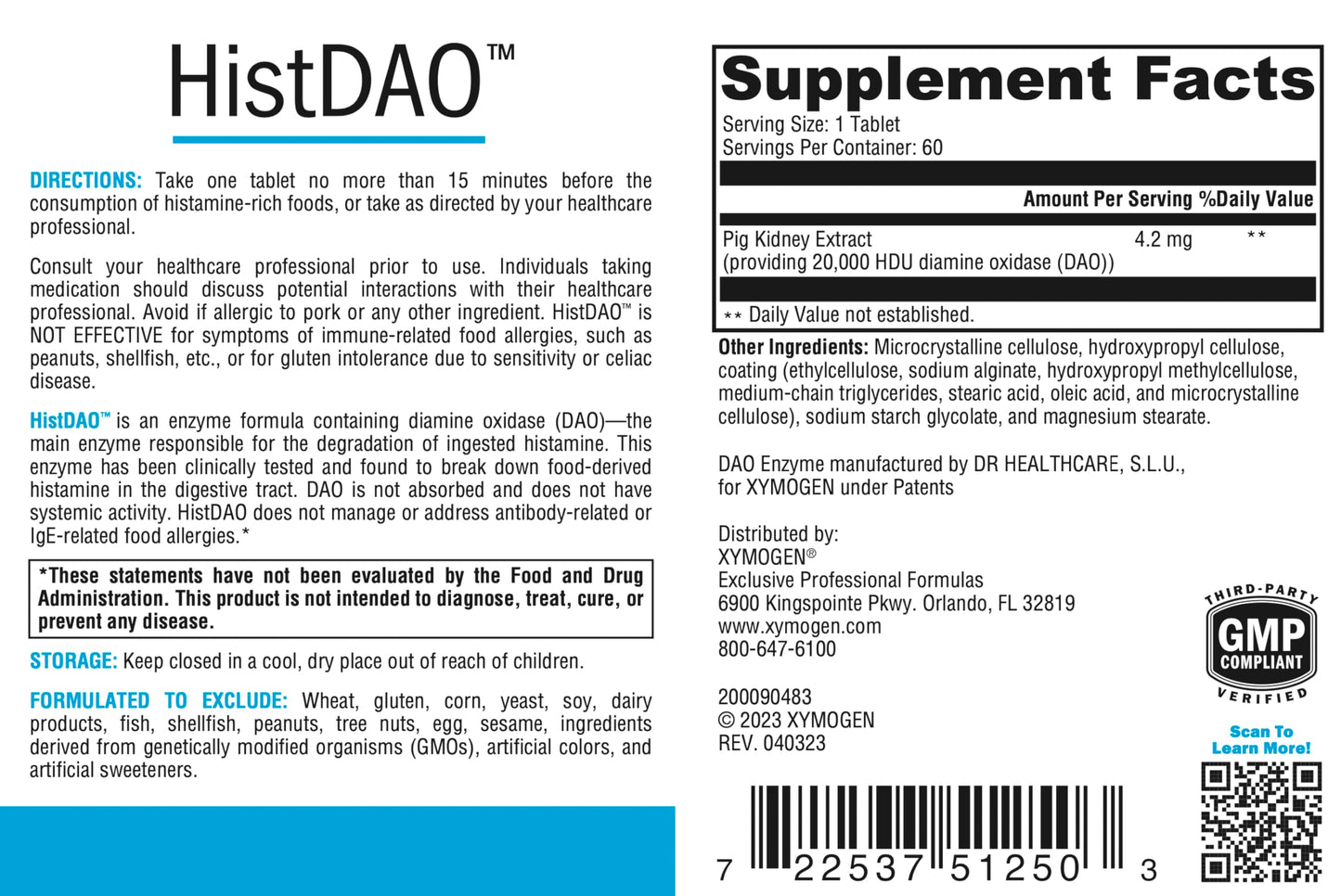 XYMOGEN HistDAO - DAO Enzyme Supplement to Supports Healthy Degradation of Food-Derived Histamine - Diamine Oxidase for Digestive Health 20,000 HDU Per Serving (60 Tablets)