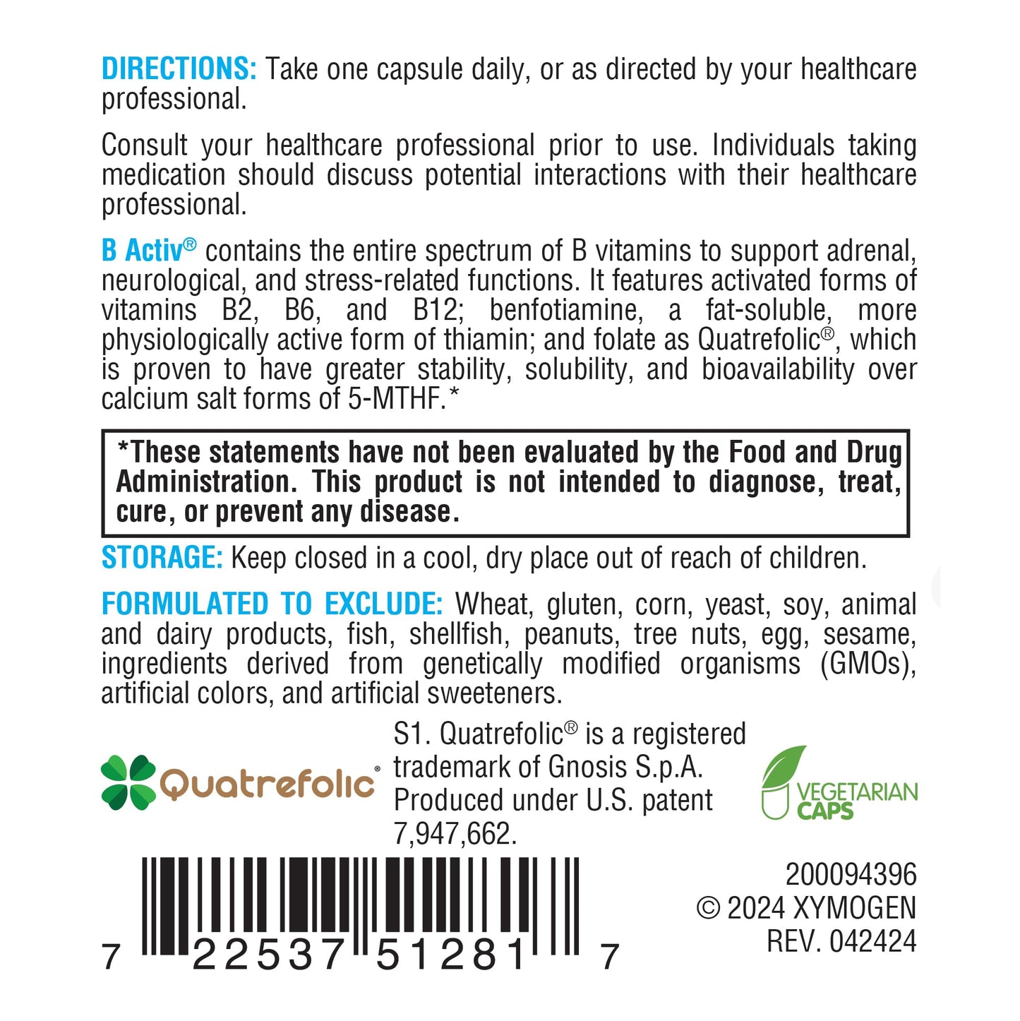 Xymogen Vitamin B Complex - B Activ - Activated B Vitamins with Benfotiamine and Quatrefolic - Support Adrenal and Immune Function + A Healthy Cardiovascular and Nervous System (30 Capsules)