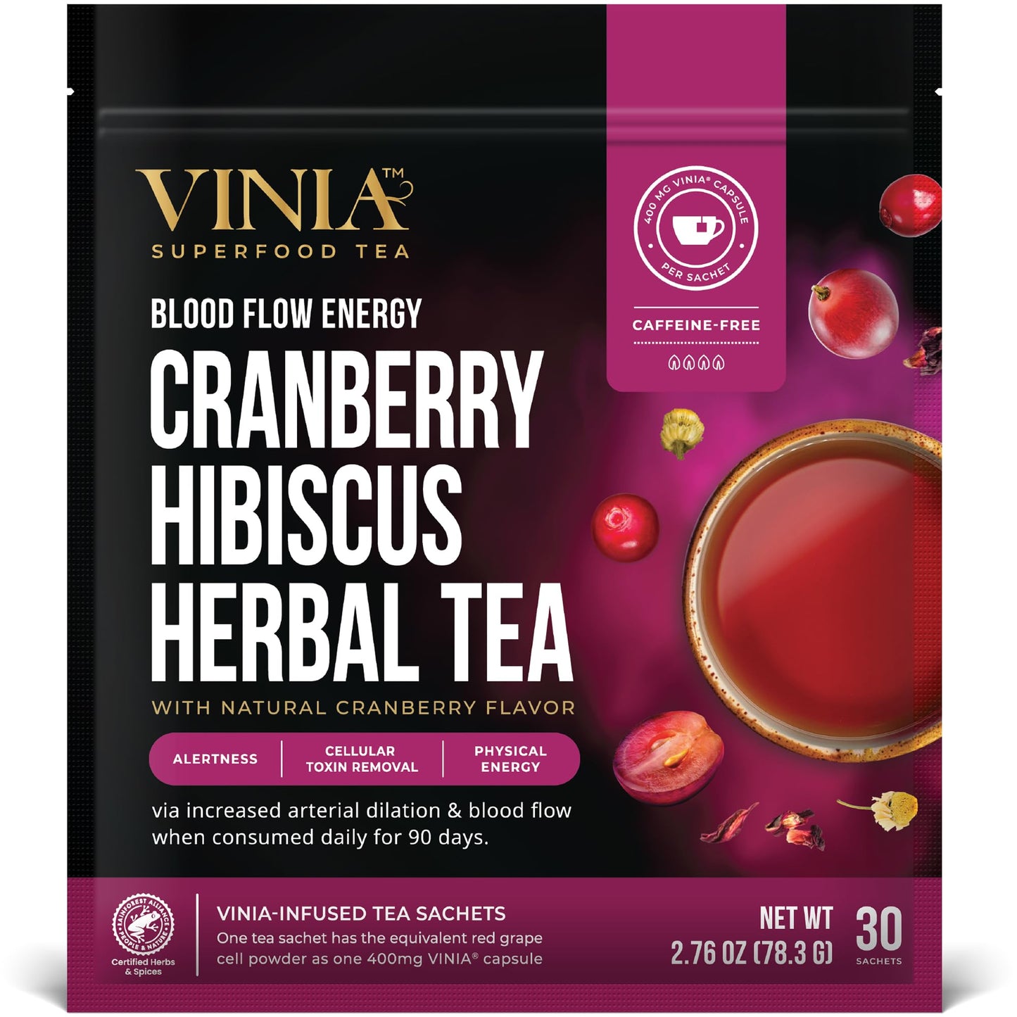 VINIA Cranberry Hibiscus Herbal Tea Bags, Made with Organic Herbal Tea, Infused with Piceid Resveratrol for Heart Health, Nitric Oxide, Physical Energy, Alertness, Blood Flow, Keto, NON-GMO. (30)
