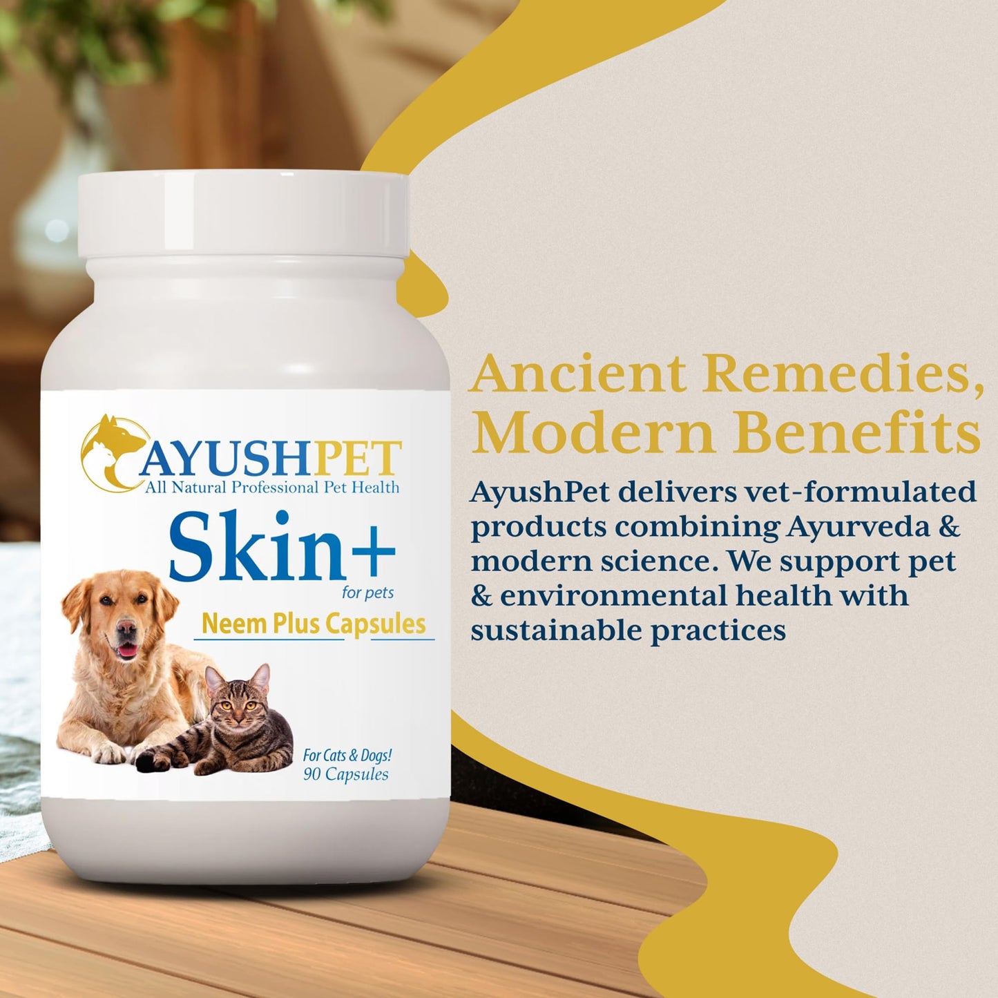 Ayush Pet Skin Plus, Neem Supplement for Healthy Skin and Coat, Supports Gut and Immunity, 90 Capsules