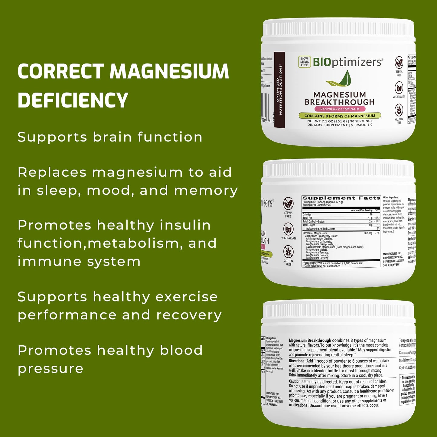 BIOptimizers Magnesium Breakthrough Drink Raspberry Lemonade - 8 Forms of Magnesium: Glycinate, Malate, Citrate, and More - Natural Sleep and Brain Supplement – 6 oz (30 Servings)