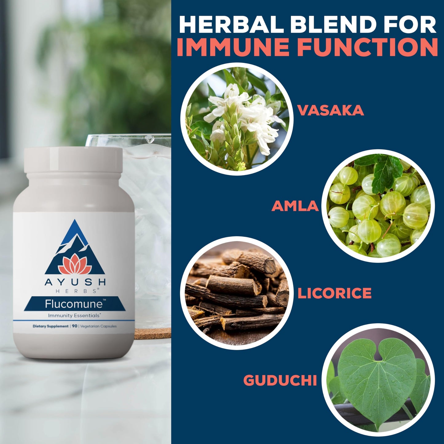 Ayush Herbs Flucomune - Immune Support Supplement, Sinus Support for Women & Men, Herbal Lung & Respiratory Balance for Adults - 90 Vegetarian Capsules (1 Count)
