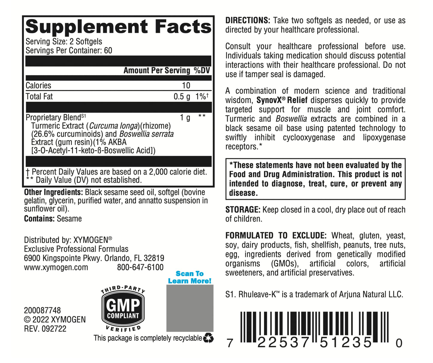 XYMOGEN SynovX Relief - Joint Support Supplement with Boswellia Serrata Extract + Turmeric - Muscle and Joint Relief Supplements - Vegan, Gluten Free and Non GMO (120 Softgels)