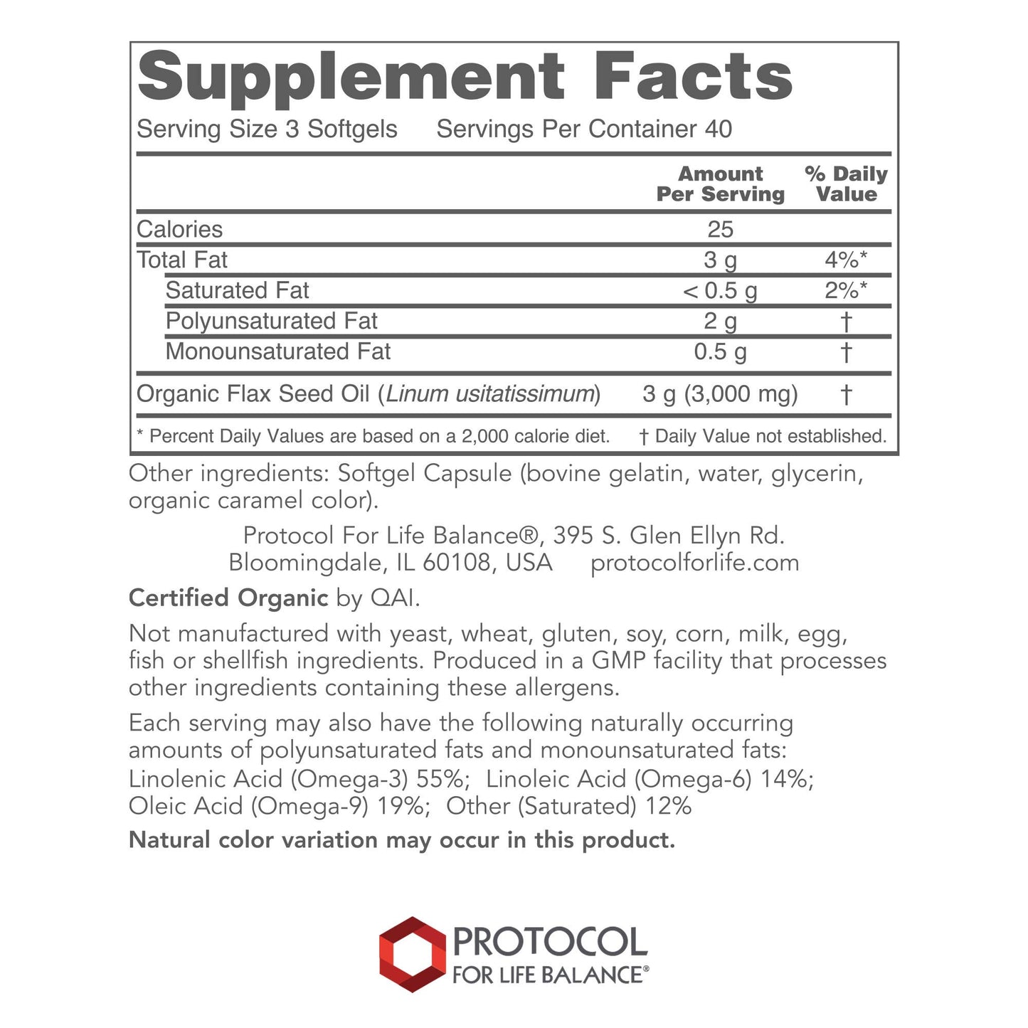 Protocol - Flax Seed Oil 1000mg Organic - 120 Gels