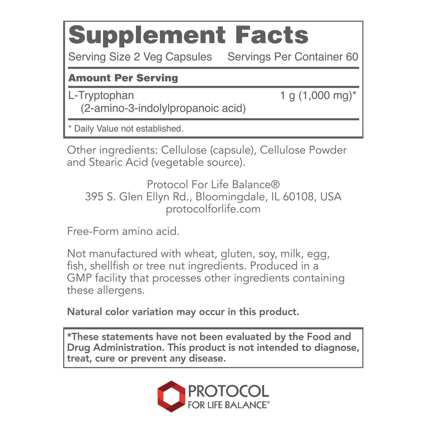 Protocol For Life Balance - L-Tryptophan 500 mg - 120 Veg Capsules