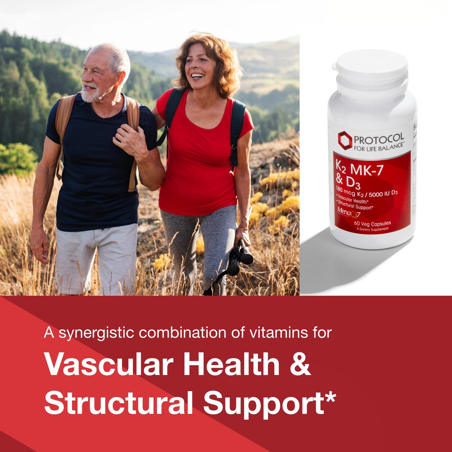 PROTOCOL FOR LIFE BALANCE - K2 MK-7 and D3 - Vascular Health and Structural Support, Bone Strength, Appetite Suppressant, Natural Weight Loss, Supports Calcium Absorption - 60 Veg Capsules
