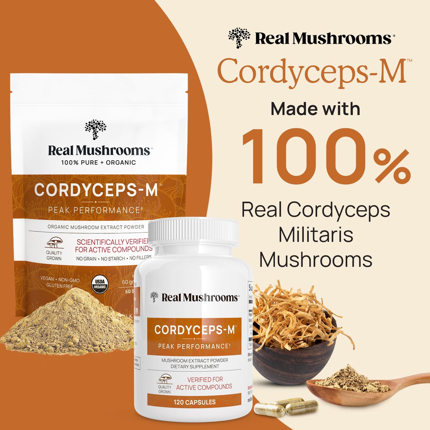 Real Mushrooms Cordyceps Capsules - Performance Mushroom Extract Supplement with Organic Militaris for Energy Immune Support Vegan Supplement, Non-GMO, 300 Caps
