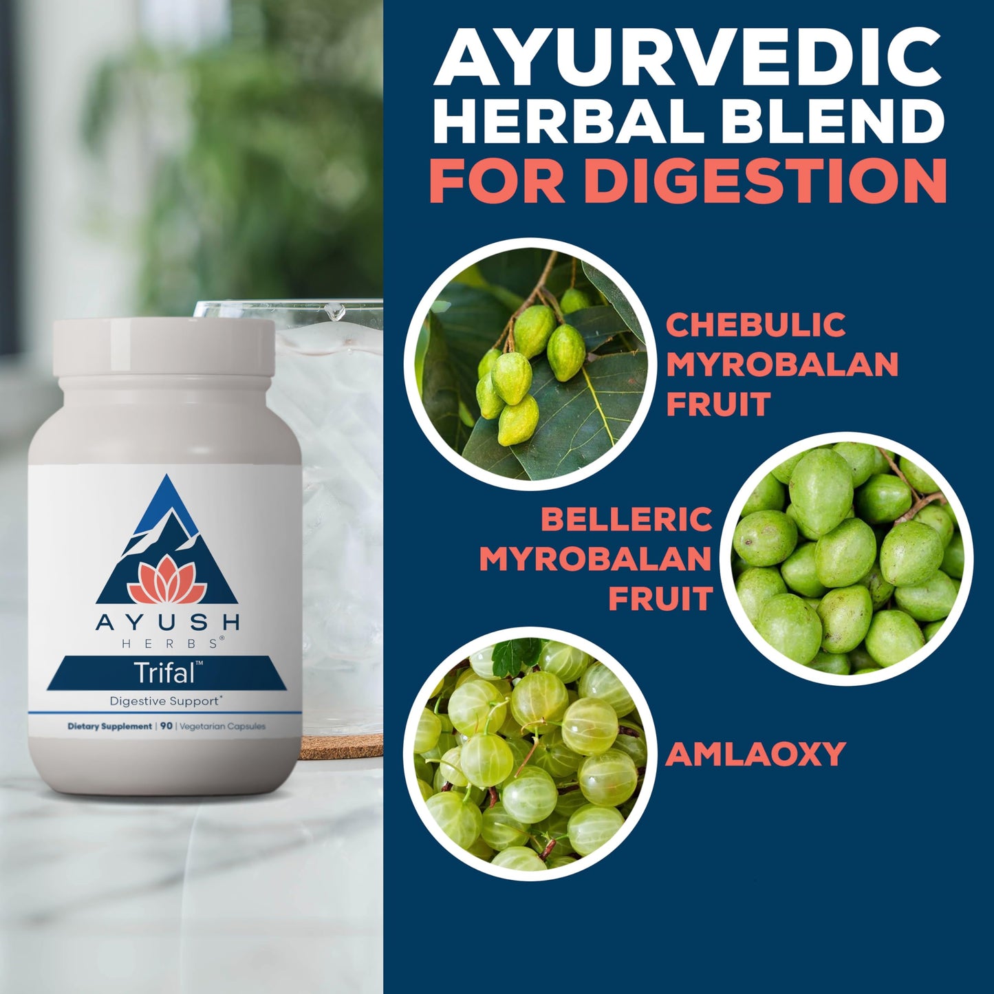 Ayush Herbs Trifal Digestive Support with Amla - Triphala Supplement for Women & Men, Promotes Balanced Digestion, Antioxidant Rich, Made with Organic Ingredients - 90 Vegetarian Capsules (1 Count)