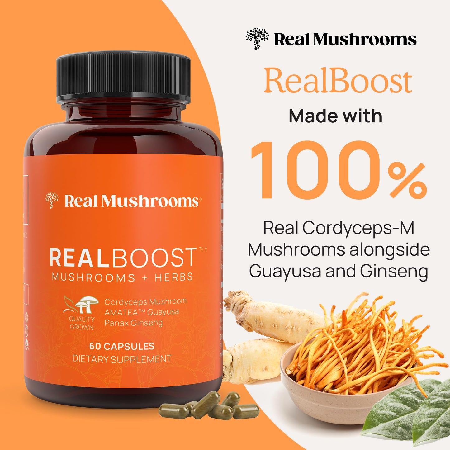 Real Mushrooms RealBoost Capsules - Mushroom Supplement Blend with Cordyceps Mushroom, Panax Ginseng Extract Guayusa Energy, Immune Defense, Mood Support Vegan, 60 Caps