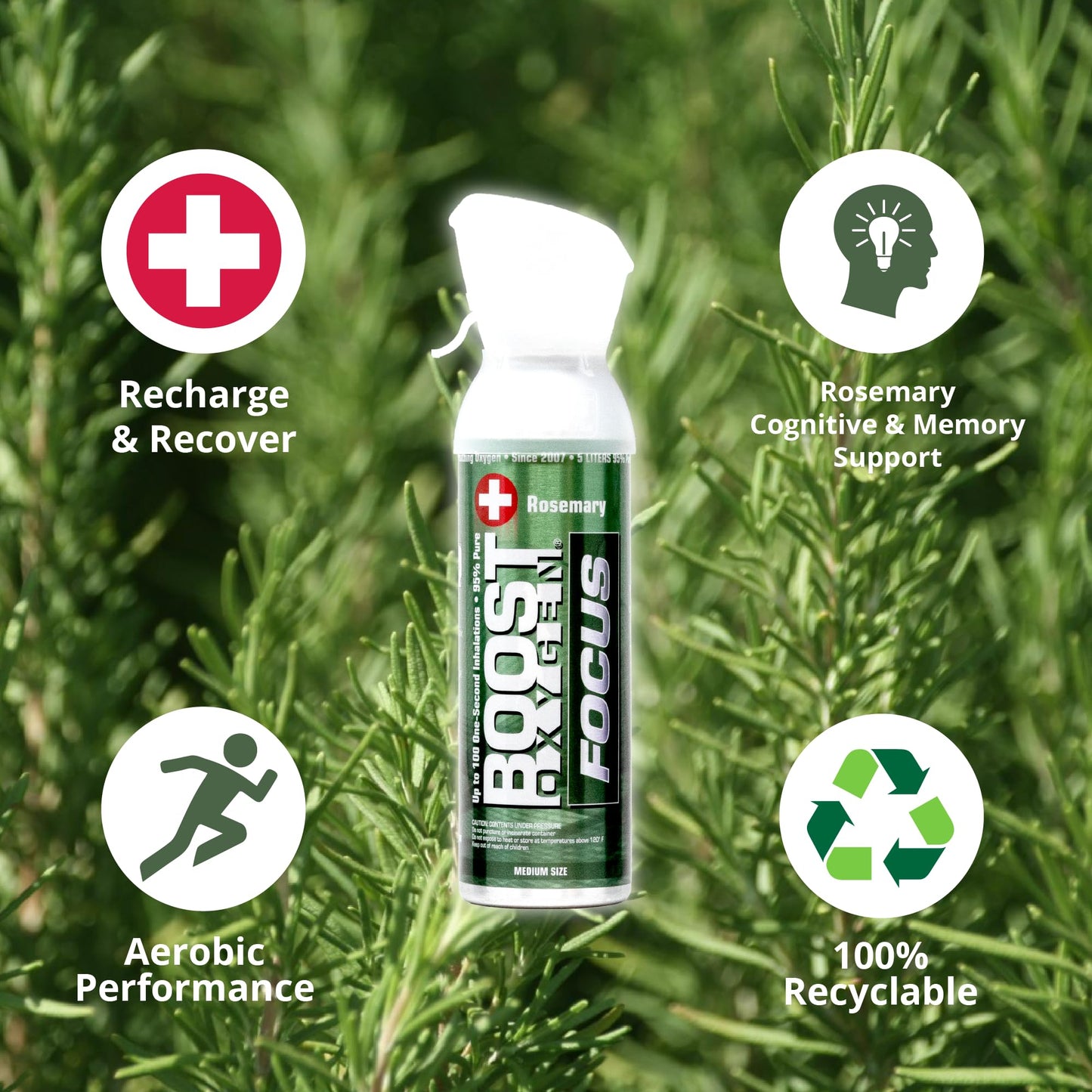 Boost Oxygen Medium Focus Rosemary Aroma 5 Liter Canister | All-Natural Resiratory Support for Aerobic Recovery, Altitude, Performance and Health (4 Pack)