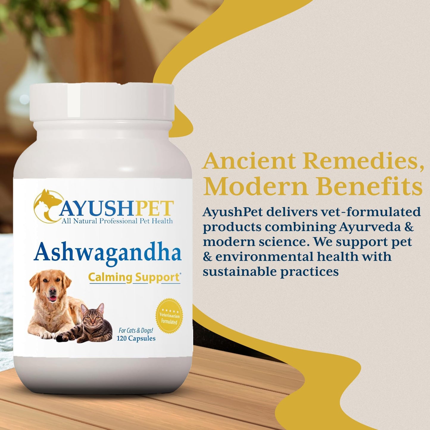 Ayush Pet Stress Support, Ashwagandha Calming Aid for Pets, Promotes Energy and Vitality, 120 Capsules