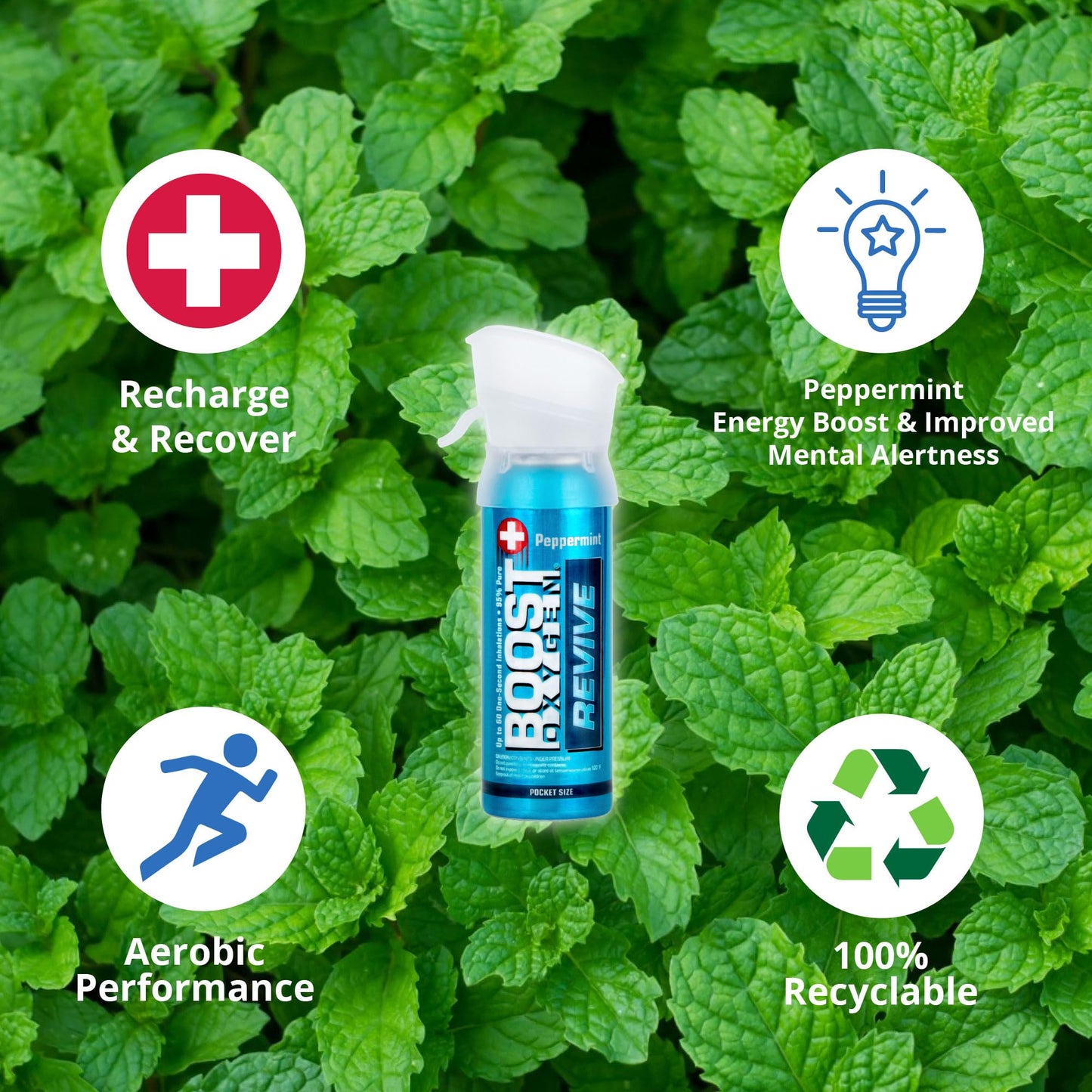 Boost Oxygen Pocket Size REVIVE Peppermint Aroma 3 Liter Canister | All-Natural Resiratory Support for Aerobic Recovery, Altitude, Performance and Health (4 Pack)