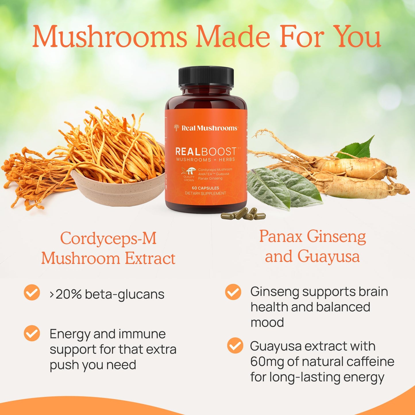 Real Mushrooms RealBoost Capsules - Mushroom Supplement Blend with Cordyceps Mushroom, Panax Ginseng Extract Guayusa Energy, Immune Defense, Mood Support Vegan, 60 Caps