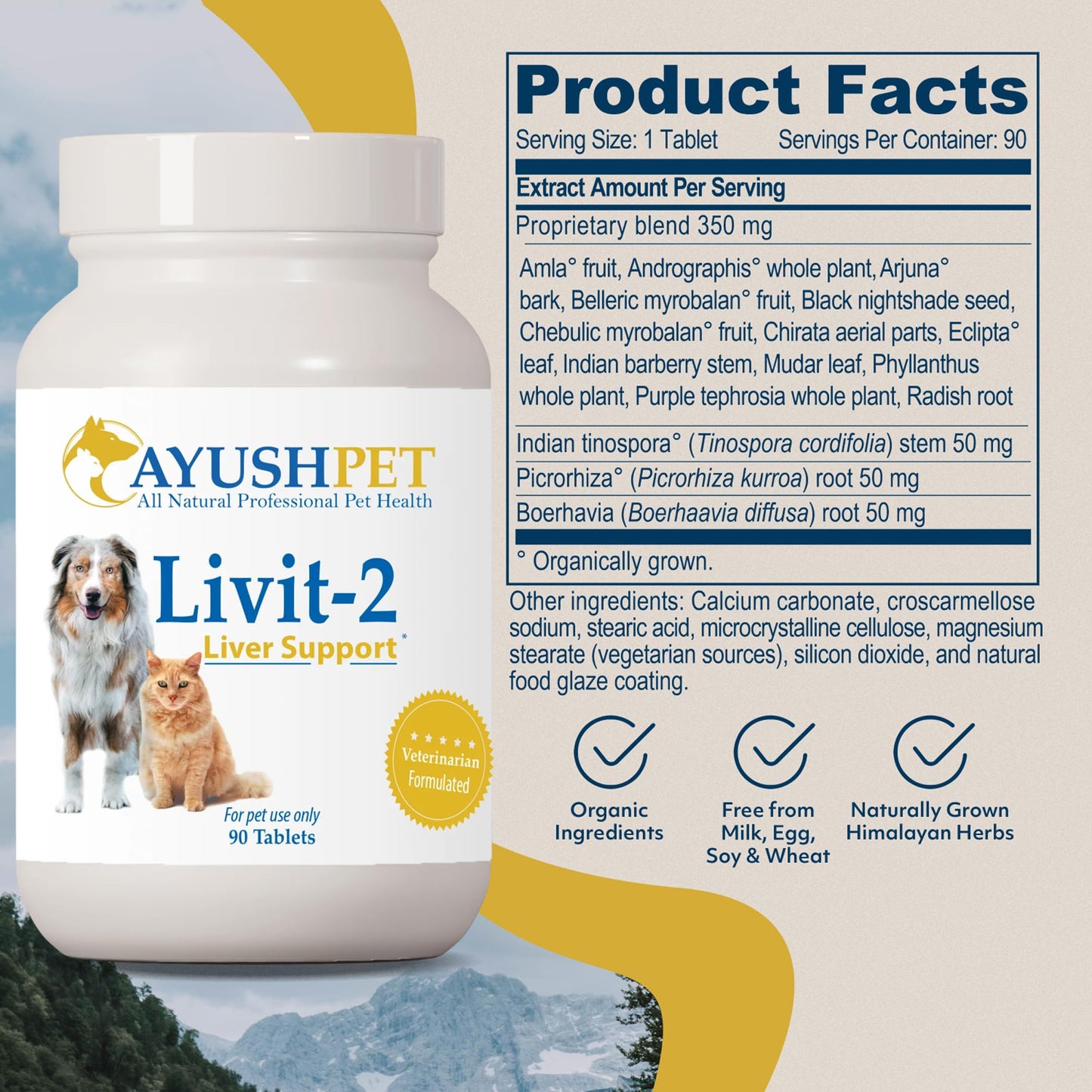 Ayush Herbs Livit-2 Pet Health Supplement, Liver and Gastrointestinal Support, Healthy Skin and Hair, Small or Large Animal, Young or Senior Pet, 90 Tablets