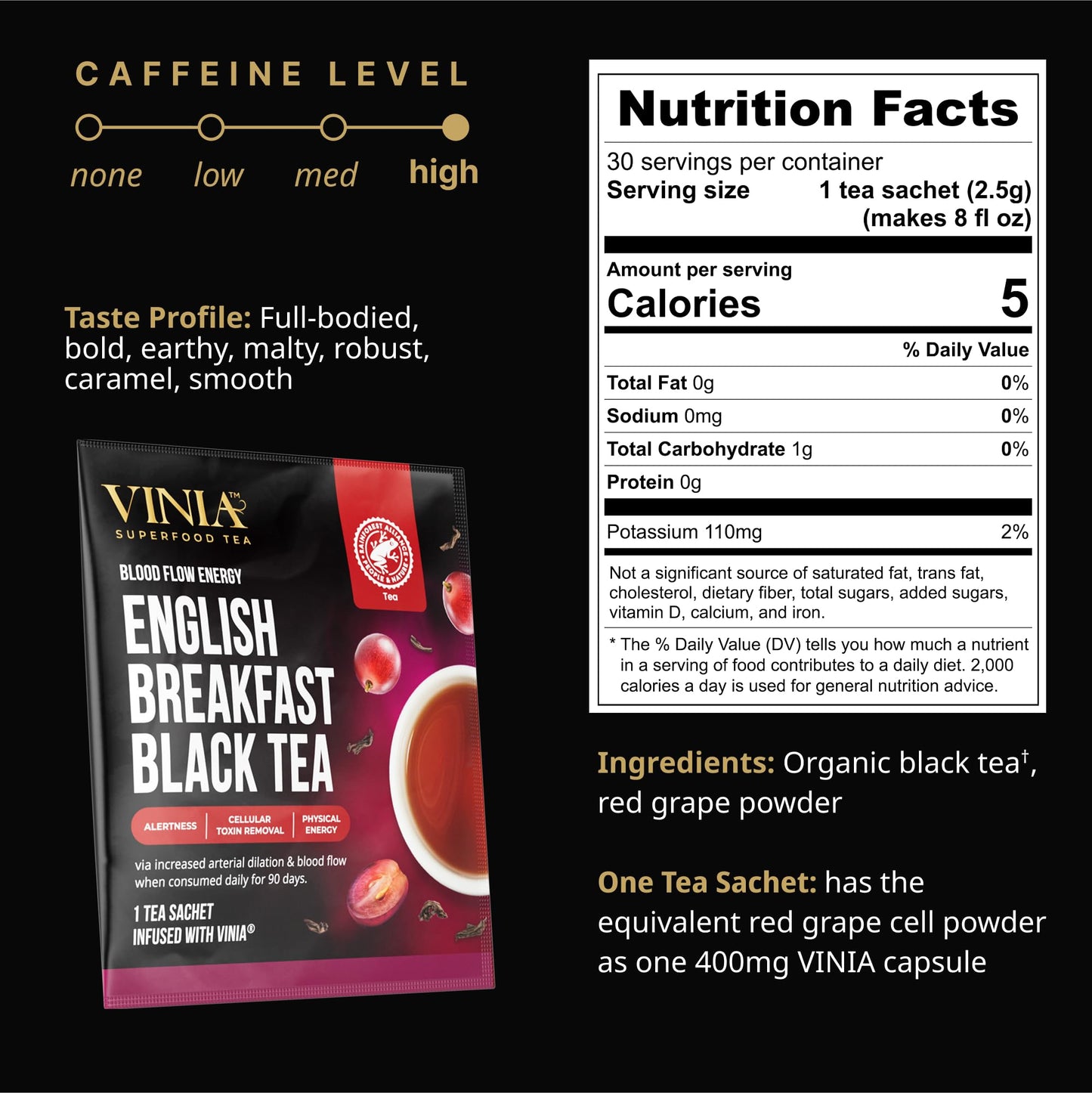 VINIA English Breakfast Black Tea Bags, Made with Organic Tea, Infused with Piceid Resveratrol for Heart Health, Nitric Oxide, Physical Energy, Alertness, Blood Flow, Keto, Kosher, NON-GMO. (30)