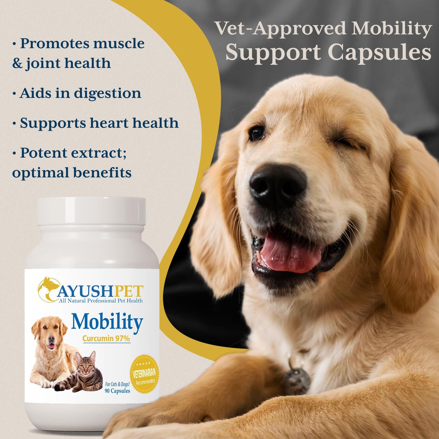 Ayush Pet Mobility, Curcumin Supplement for Healthy Joints, Pure and Powerful Joint, Digestion, and Brain Support, Large or Small Pets, 90 Capsules