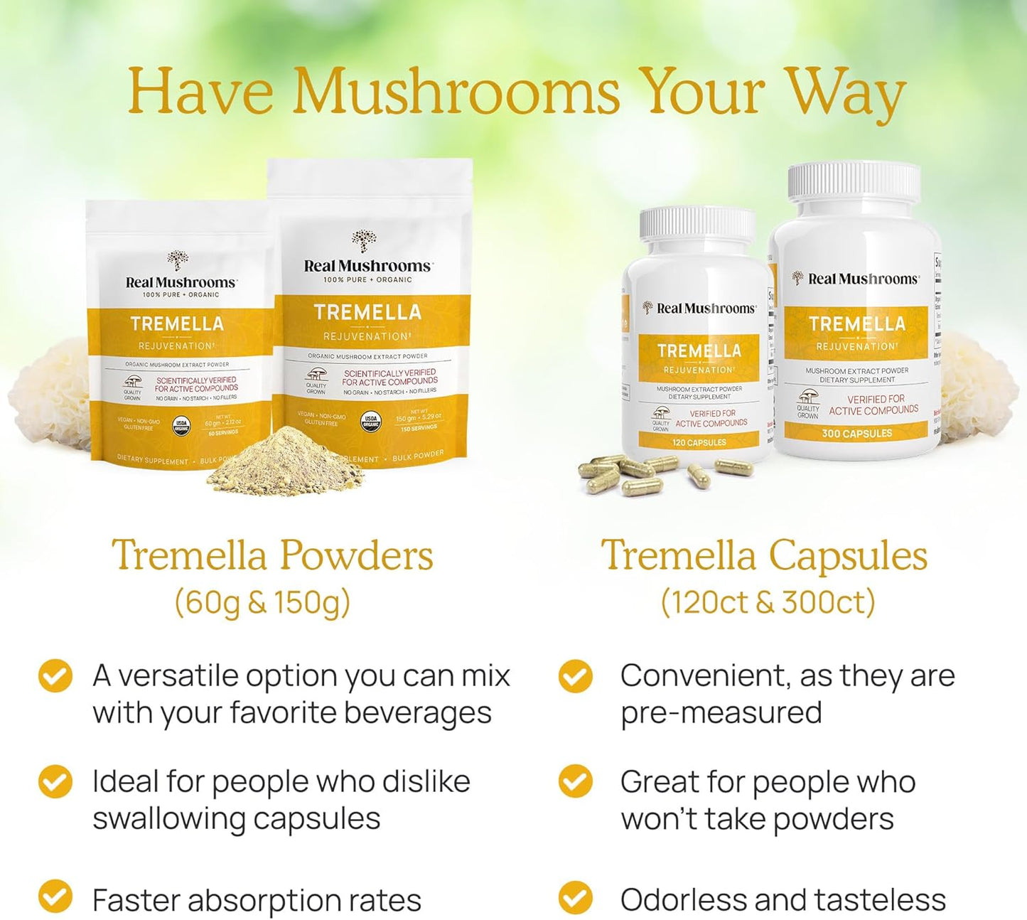 Real Mushrooms Tremella Mushroom Extract 120 ct Blend for Immune Support, Brain, and Skin - Vegan, Non-GMO, Organic Supplements Humans Support Supplement