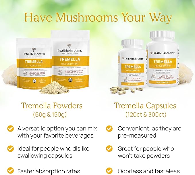 Real Mushrooms Tremella Mushroom Extract Powder 60 Servings Blend for Immune Support, Brain, and Skin - Vegan, Non-GMO, Organic Supplements Humans Support Supplement