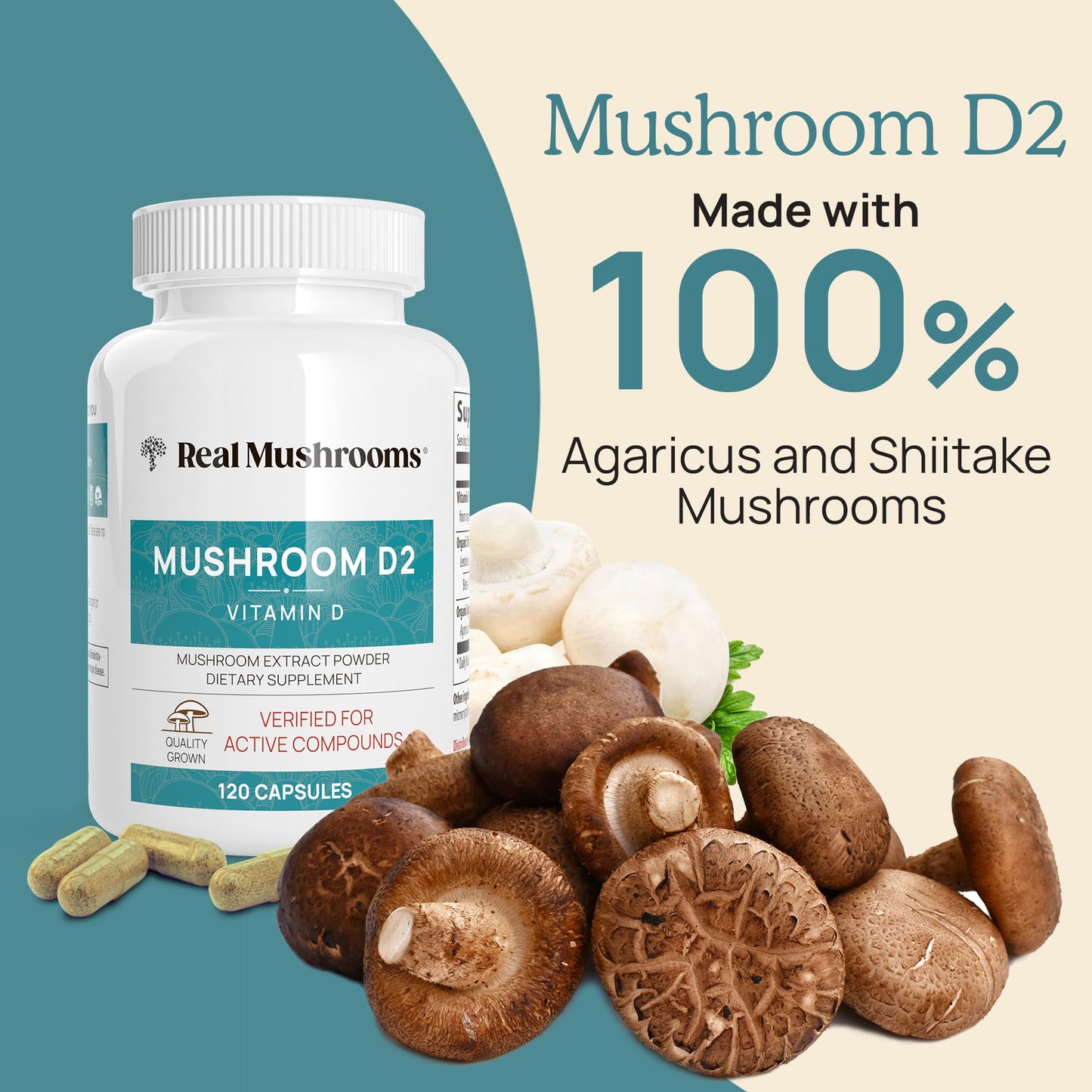 Real Mushrooms Vitamin D2 120 ct Vegan D Supplements - Organic Supplement 1000 IU Shiitake Agaricus Mushroom Complex Vitamins for Bone Muscle Health, Energy, Mood