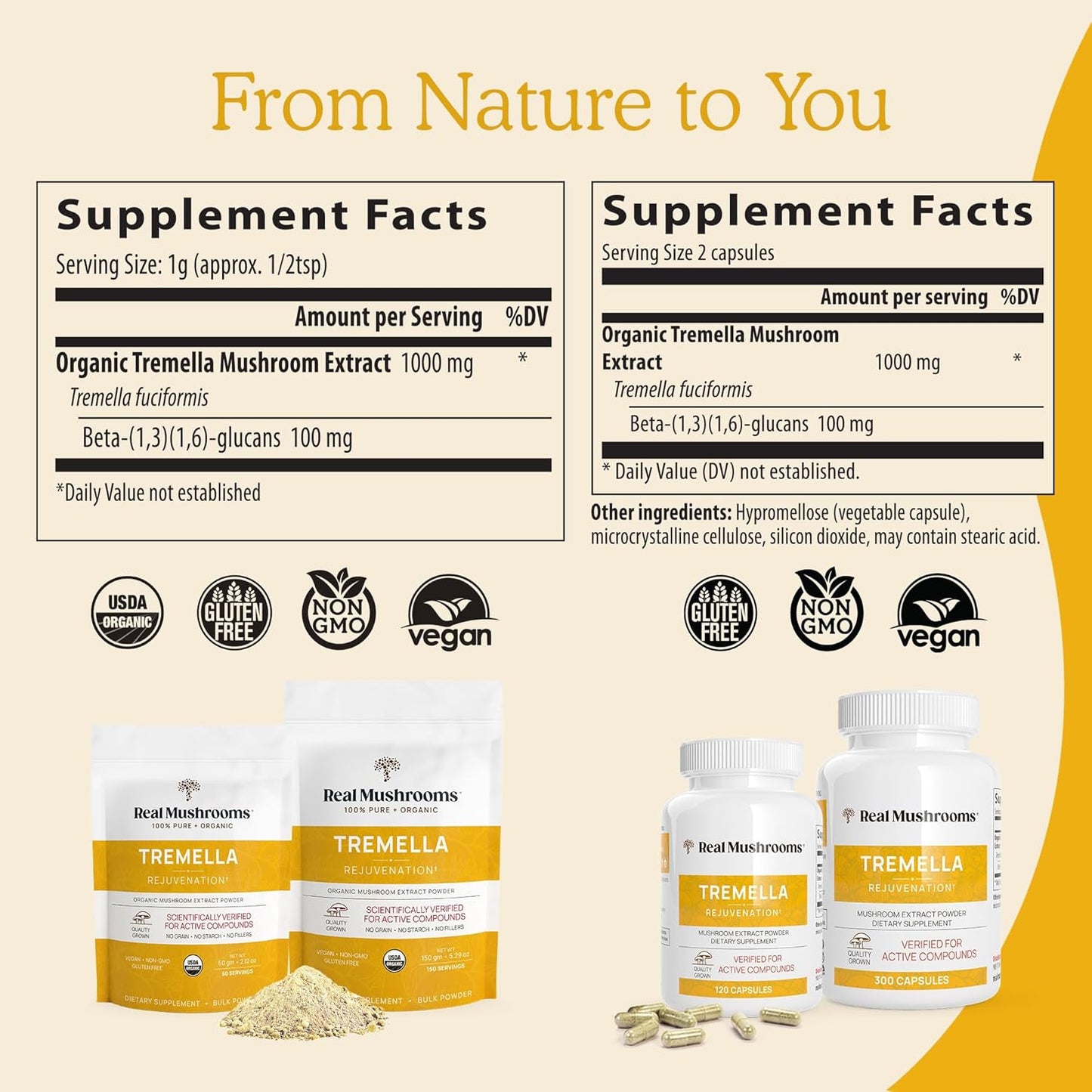 Real Mushrooms Tremella Mushroom Extract 120 ct Blend for Immune Support, Brain, and Skin - Vegan, Non-GMO, Organic Supplements Humans Support Supplement