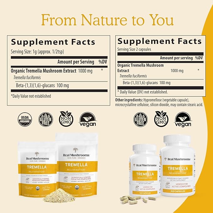 Real Mushrooms Tremella Mushroom Extract Powder 60 Servings Blend for Immune Support, Brain, and Skin - Vegan, Non-GMO, Organic Supplements Humans Support Supplement