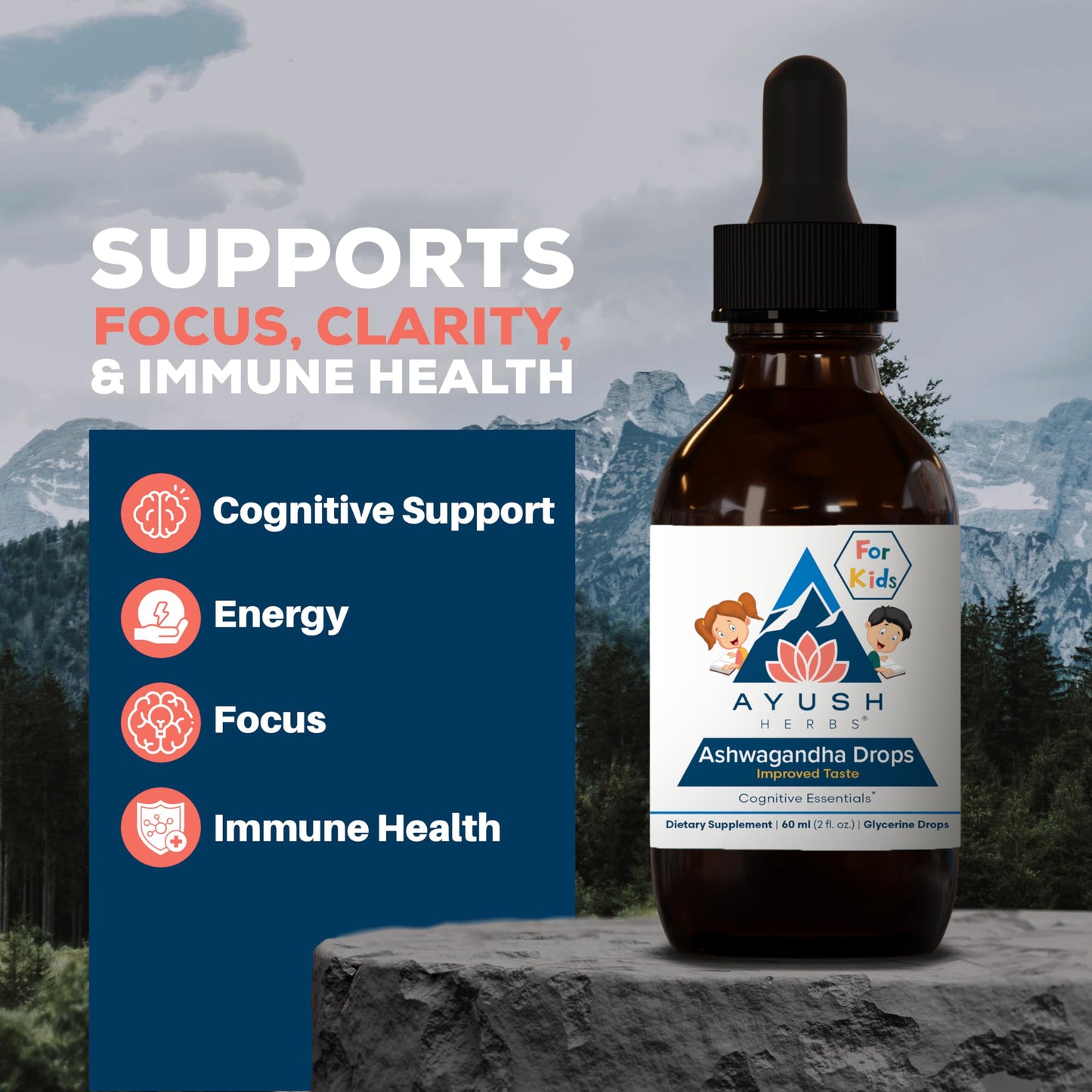 Ayush Herbs Ashwagandha Drops for Kids & Adults - Alcohol-Free Ashwagandha Drops, Calming Daily Supplement for Calm Focus with Organic Ashwagandha, Lemon Flavor - 2 Fl Oz (80 Servings)