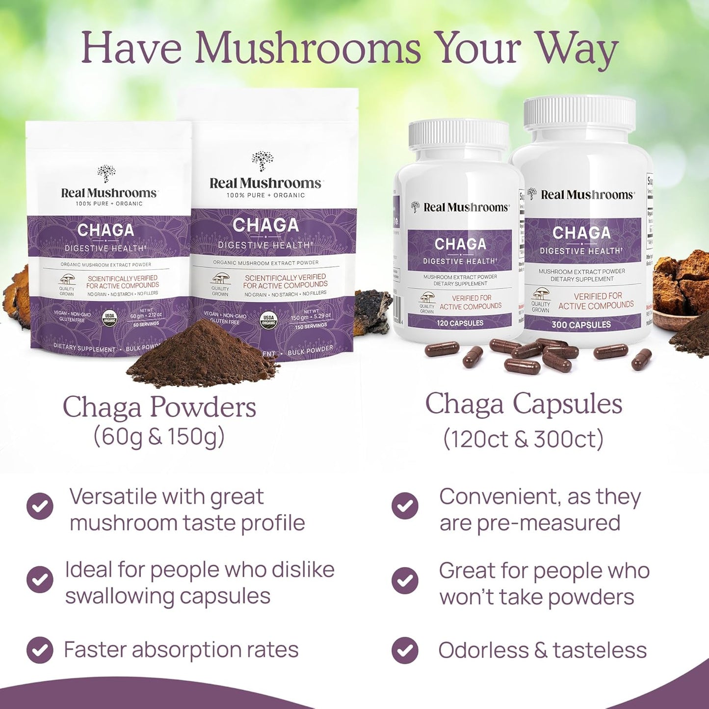 Real Mushrooms Chaga Powder - Organic Mushroom Supplement with Extract for Digestion, Energy, Immune Support Vegan Extract, Non-GMO, 60 Servings