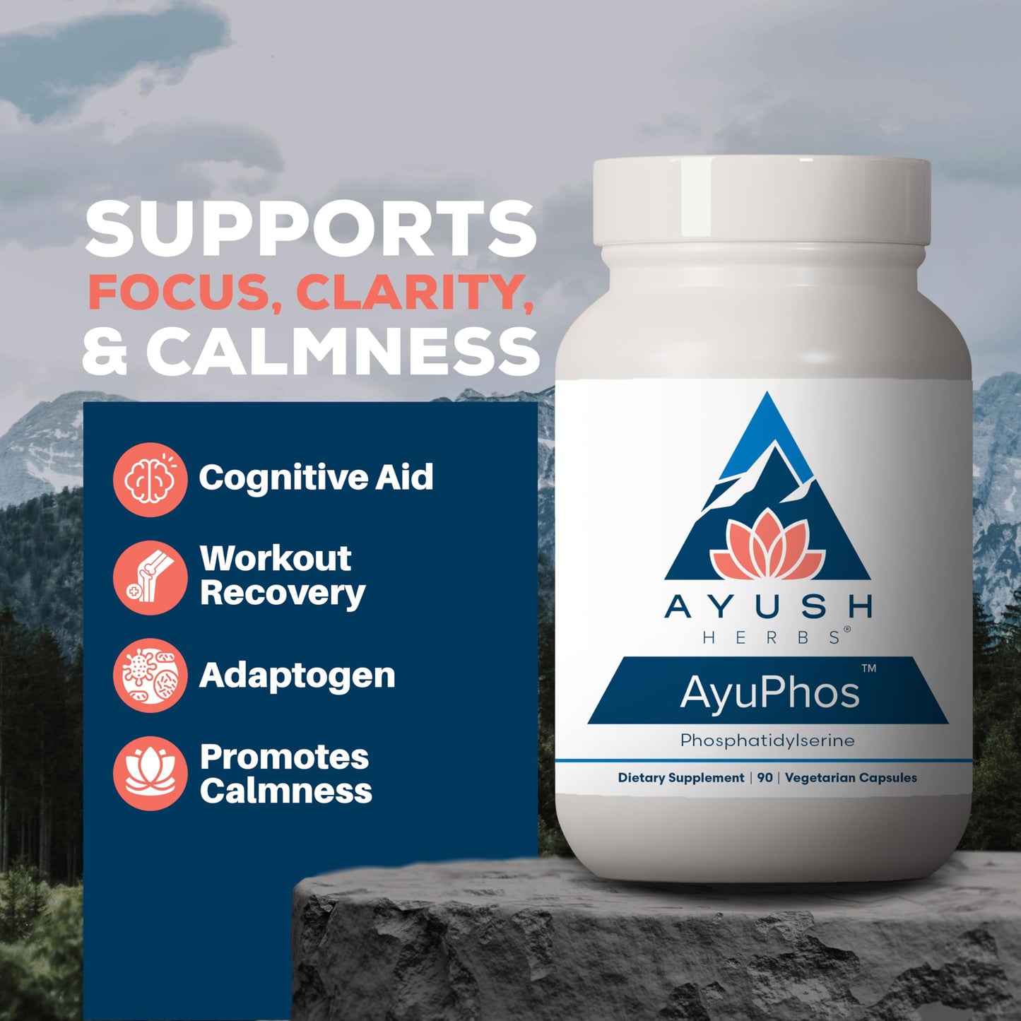 Ayush Herbs AyuPhos - Phosphatidylserine Supplement for Men & Women, Soy-Free Phosphatidyl Serine, Brain, Memory, & Cognitive Support for Adults, 200mg Per Pill - 90 Vegetarian Capsules (1 Count)