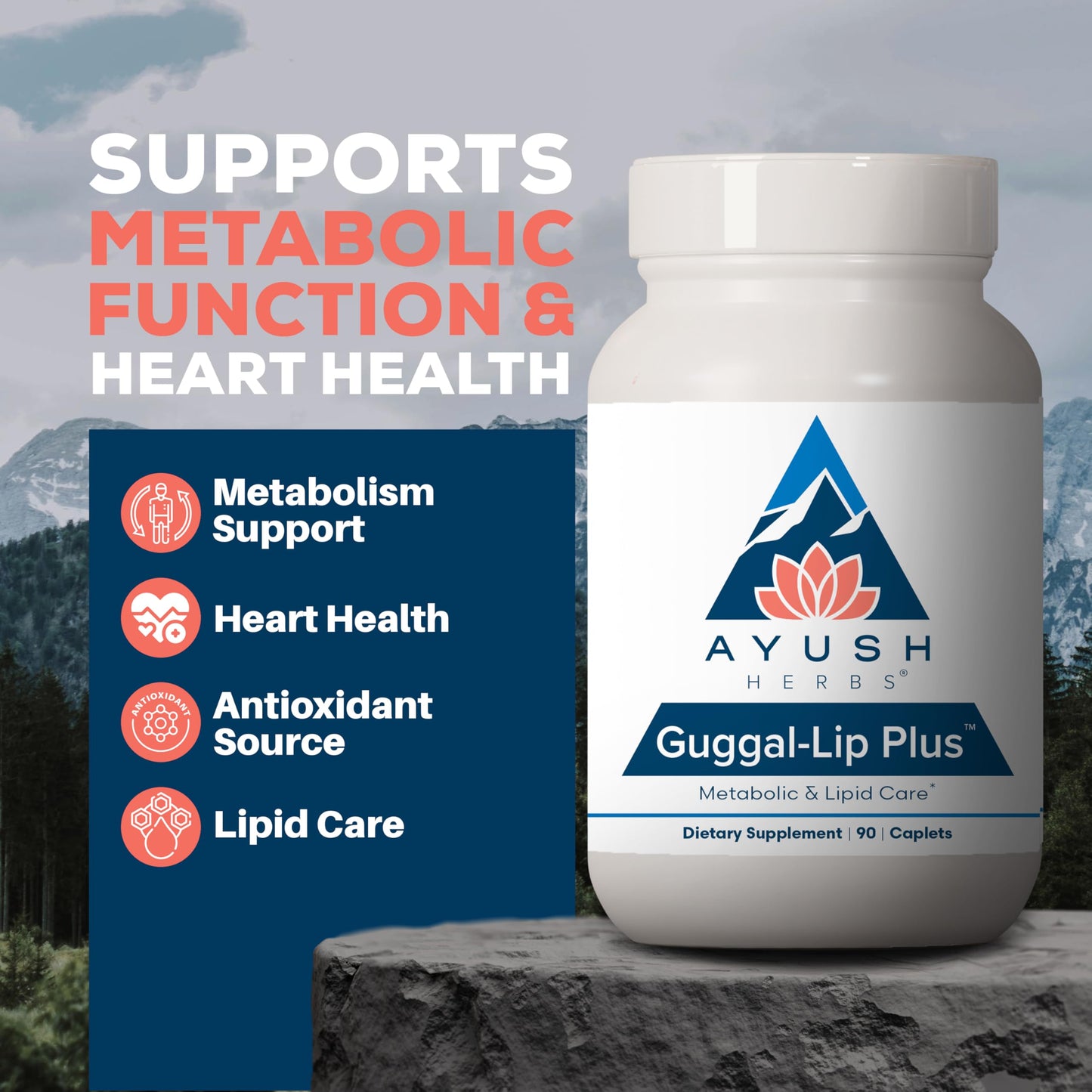 Ayush Herbs Guggal-Lip Plus - Metabolic Vitamins for Women & Men, Daily Pill, Pure & Natural Metabolic Health Supplement with Guggul - 90 Vegetarian Caplets (1 Count)