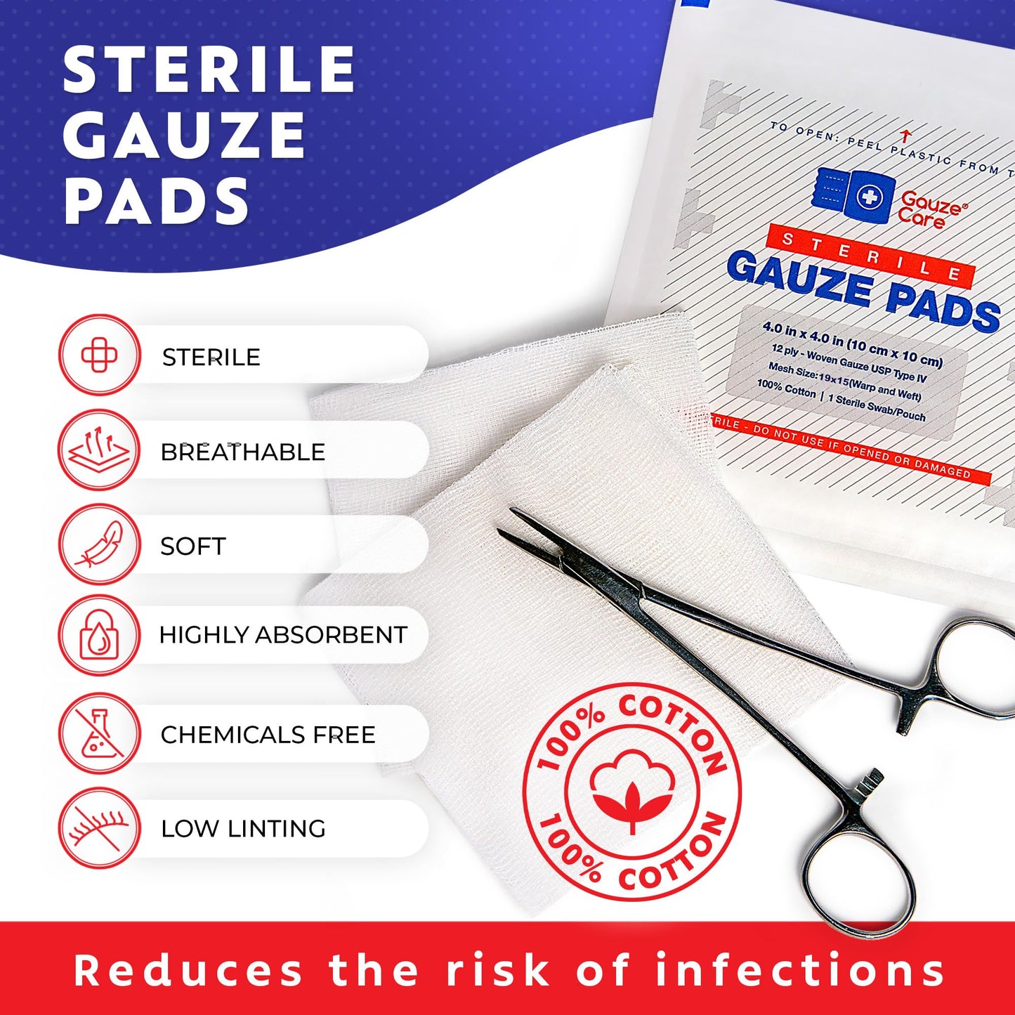 100pc Large Sterile Gauze Pads 4x4 Sterile for Wounds Bulk - 12ply Woven Gauze Sponges 4x4 Sterile - USP IV Breathable Mesh 4x4 Gauze Pads Sterile for Enhanced Absorption - First Aid Medical