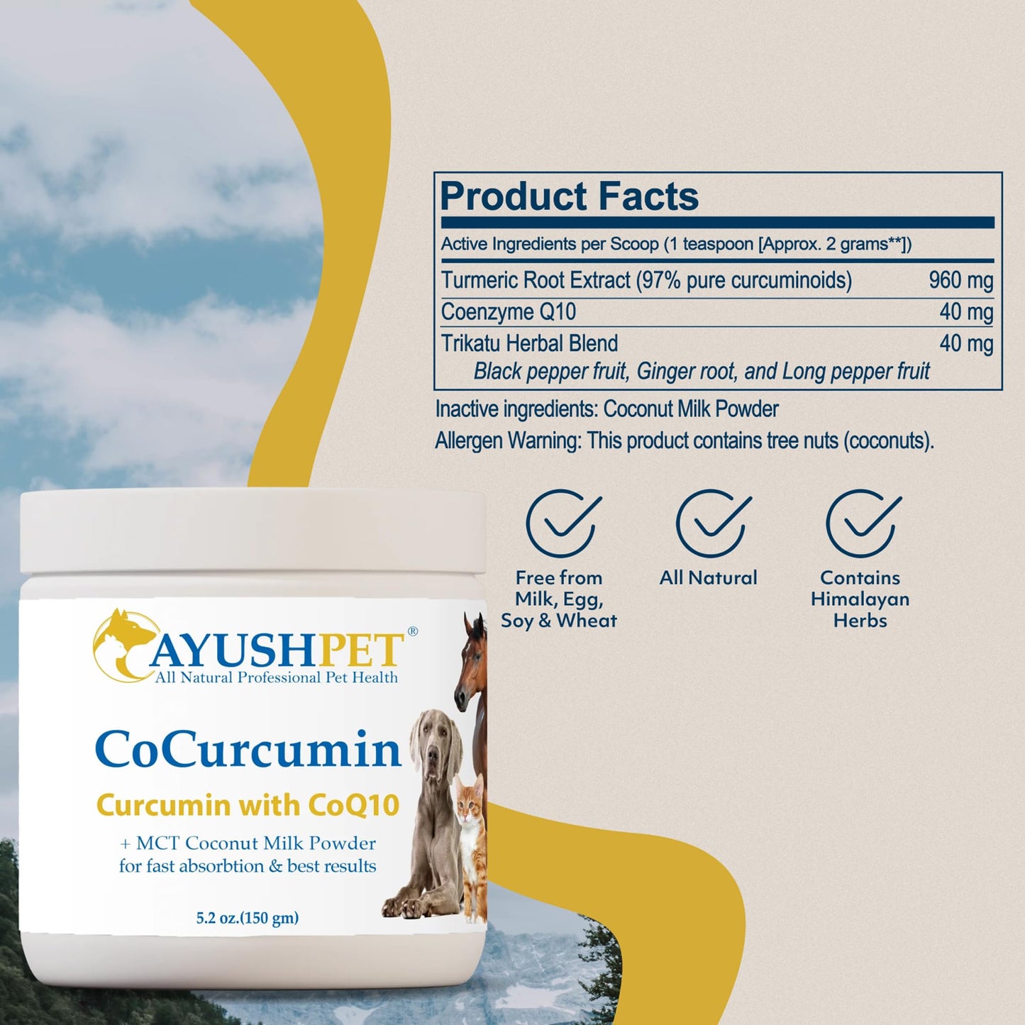 Ayush Herbs Ayush Pet CoCurcumin with Coq10, Muscle and Joint Pet Superfood Powder, Heart and Digestion Support, Small or Large Animals, Young and Senior Pet Supplement, 5.2 Ounces