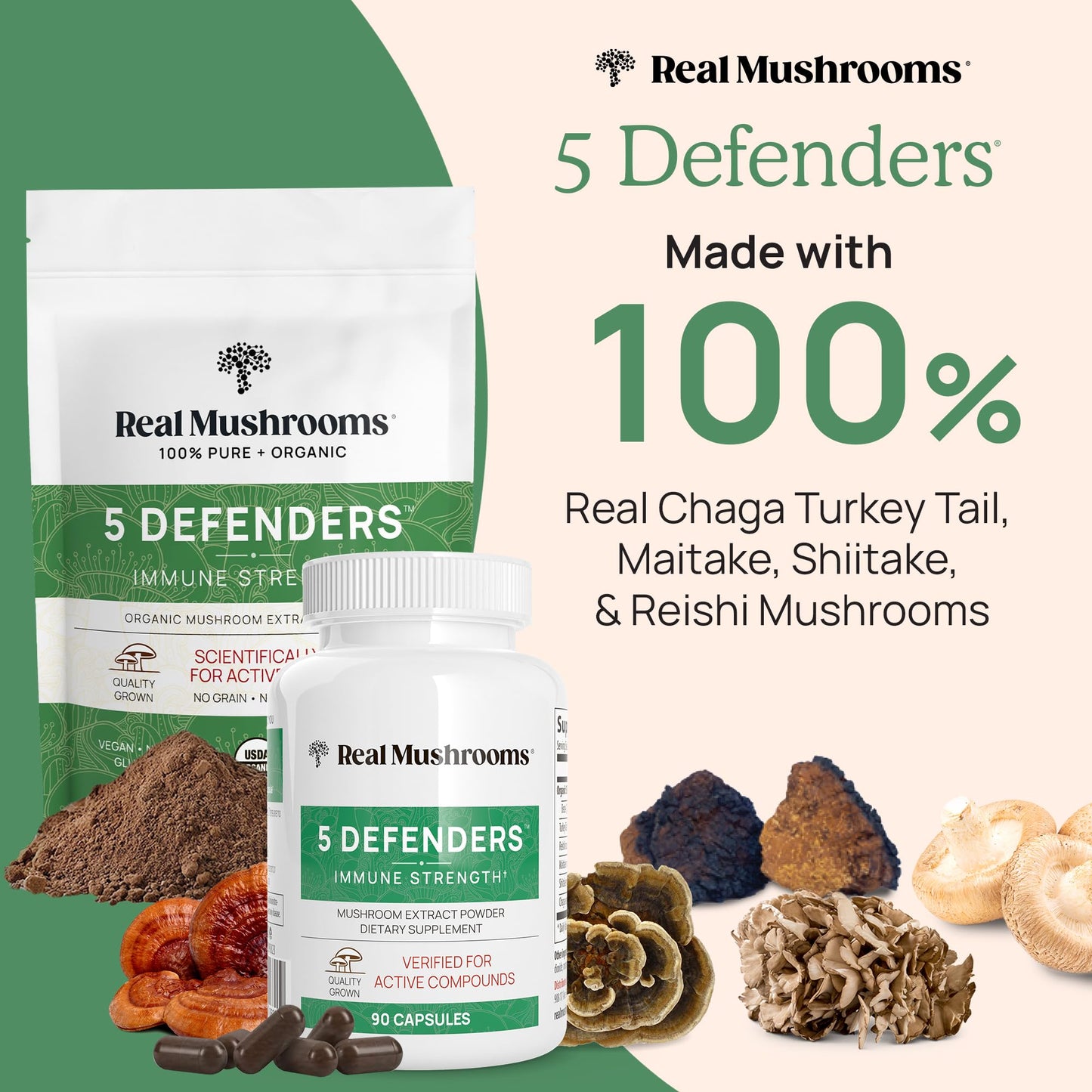 Real Mushrooms 5 Defenders Powder - Organic Mushroom Extract w/Chaga, Shiitake, Maitake, Turkey Tail, Reishi Supplement Vegan, Non-GMO, 45 Servings