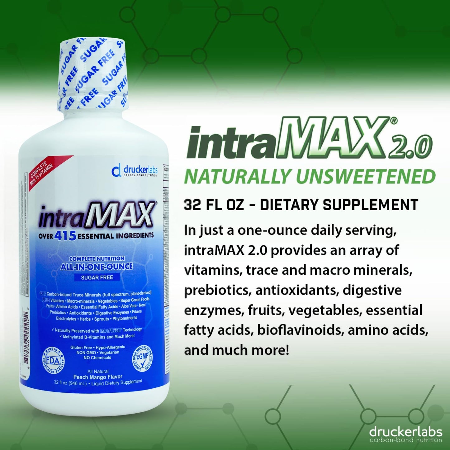 DRUCKER Labs - IntraMAX 2.0 Organic Liquid Trace Minerals, Liquid Multivitamin for Men and Women, Non GMO, Dairy Free, Gluten Free, Magnesium, Zinc, Vitamin D, C, E, Sugar Free (32 oz., Unsweetened)