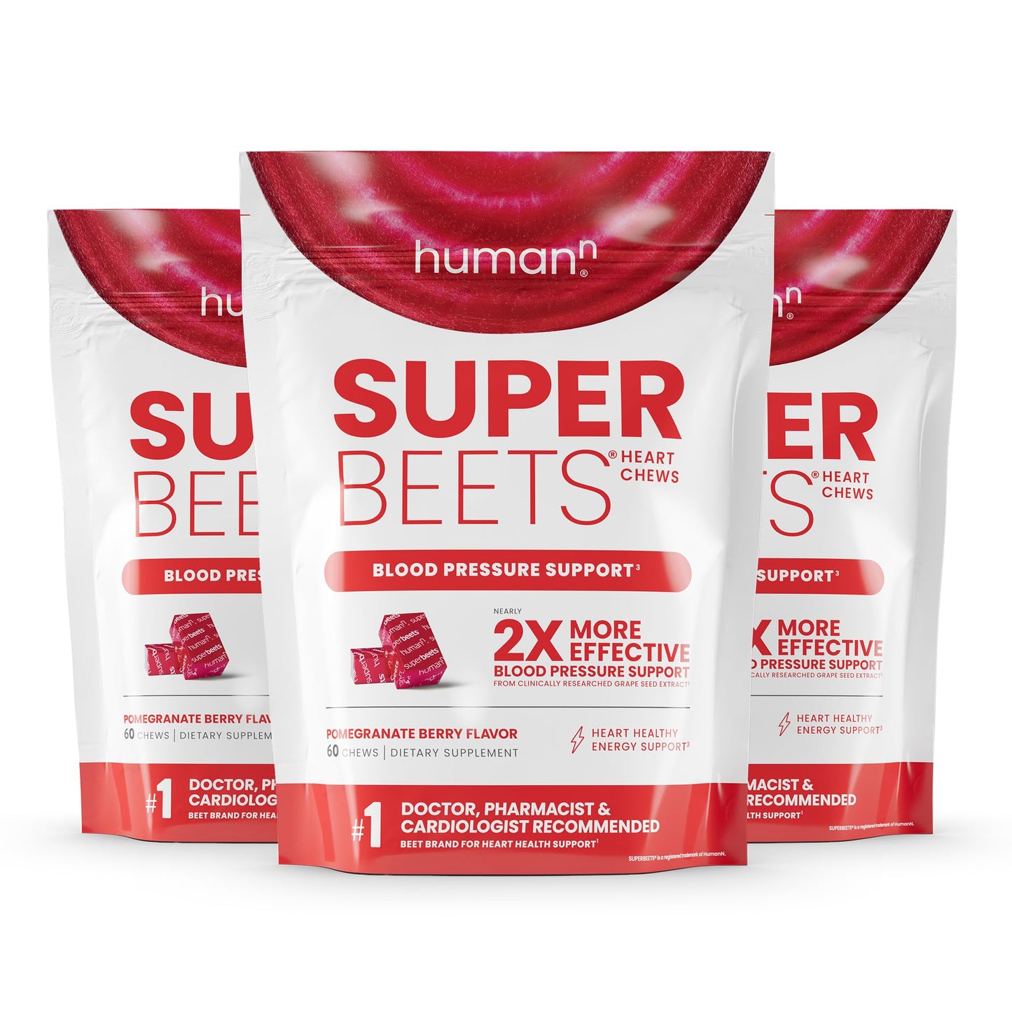 HumanN SuperBeets Heart Chews, Nitric Oxide and Blood Pressure Support, Grape Seed Extract & Non-GMO Beet Root Powder Energy, Pomegranate Berry Flavor, 180 Count
