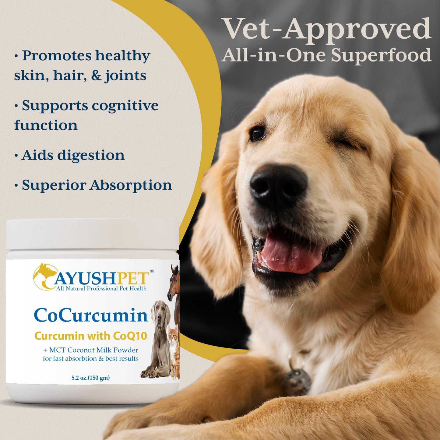 Ayush Herbs Ayush Pet CoCurcumin with Coq10, Muscle and Joint Pet Superfood Powder, Heart and Digestion Support, Small or Large Animals, Young and Senior Pet Supplement, 5.2 Ounces