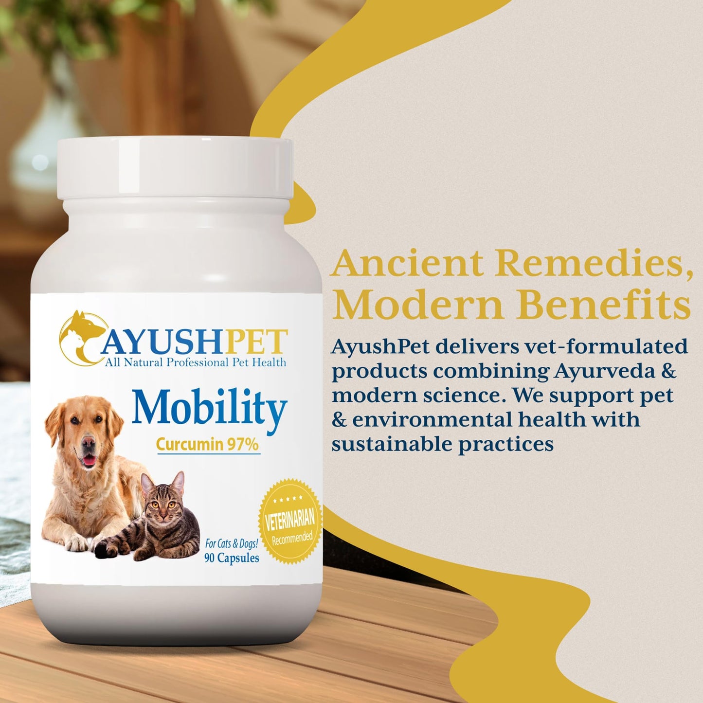Ayush Pet Mobility, Curcumin Supplement for Healthy Joints, Pure and Powerful Joint, Digestion, and Brain Support, Large or Small Pets, 90 Capsules
