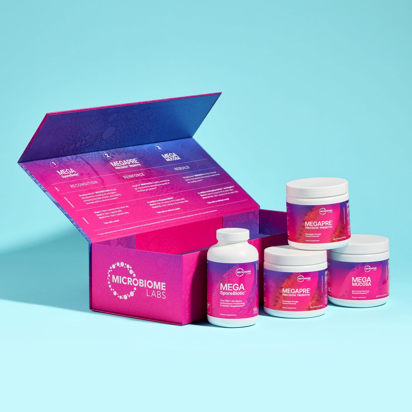 Microbiome Labs Total Gut Restoration Kit (Powder) - 3-Product Gut Health Spore Based Probiotic, Prebiotic Powder & Mucosal Immunoglobulin + Amino Acids Supplement for Immune, GI & Digestive Health