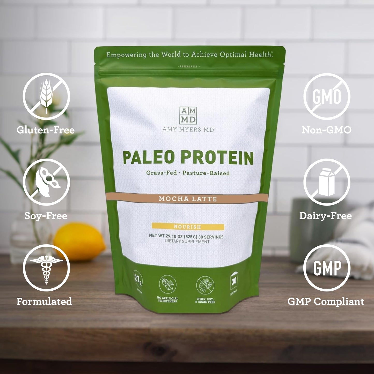 Amy Myers MD Pure Paleo Protein Powder - Clean Grass Fed Pasture Raised Protein - Hormone Free, Non-GMO, Gluten & Dairy Free - Perfect for Keto and Paleo- Mocha Latte - 29.31 oz (831 g)
