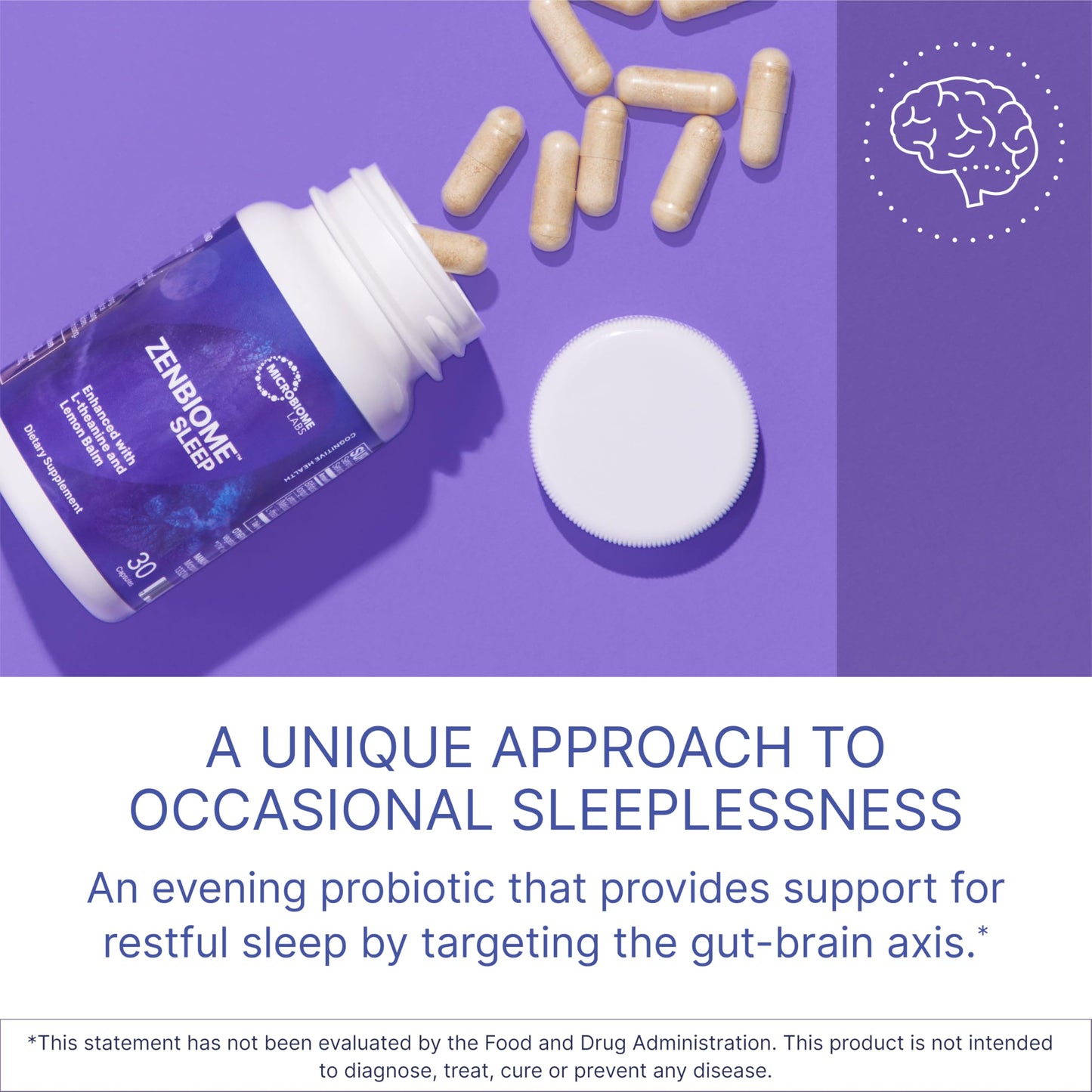 Microbiome Labs Zenbiome Sleep - L Theanine Supplement with Lemon Balm Extract & Probiotics with Bifidobacterium Longum - Help Soothe The Gut-Brain Axis at Bedtime (30 Capsules)