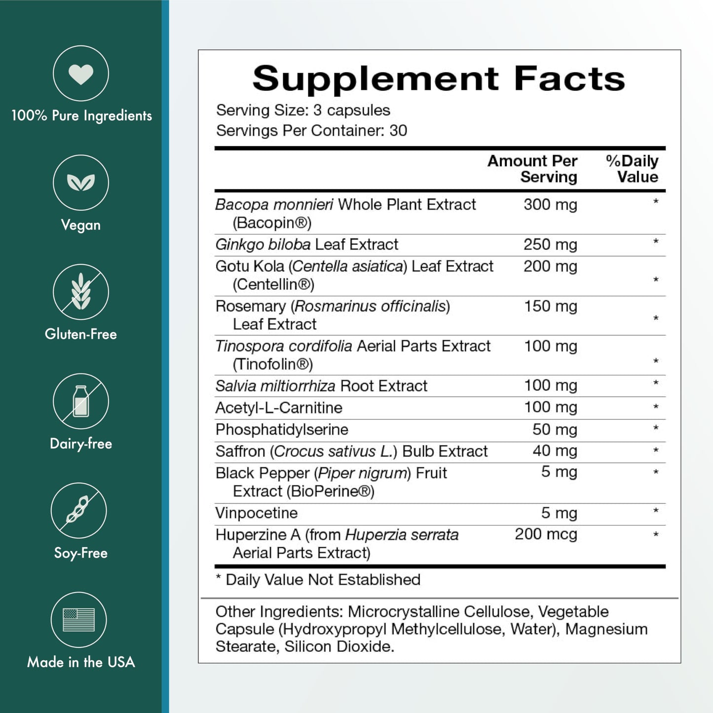 Natura Health Products Vibrant Mind - Nootropic Brain Supplement for Memory and Focus* - Featuring Bacopa, Ginkgo Biloba, Centellin & Phosphatidylserine -Caffeine Free (90 Capsules)