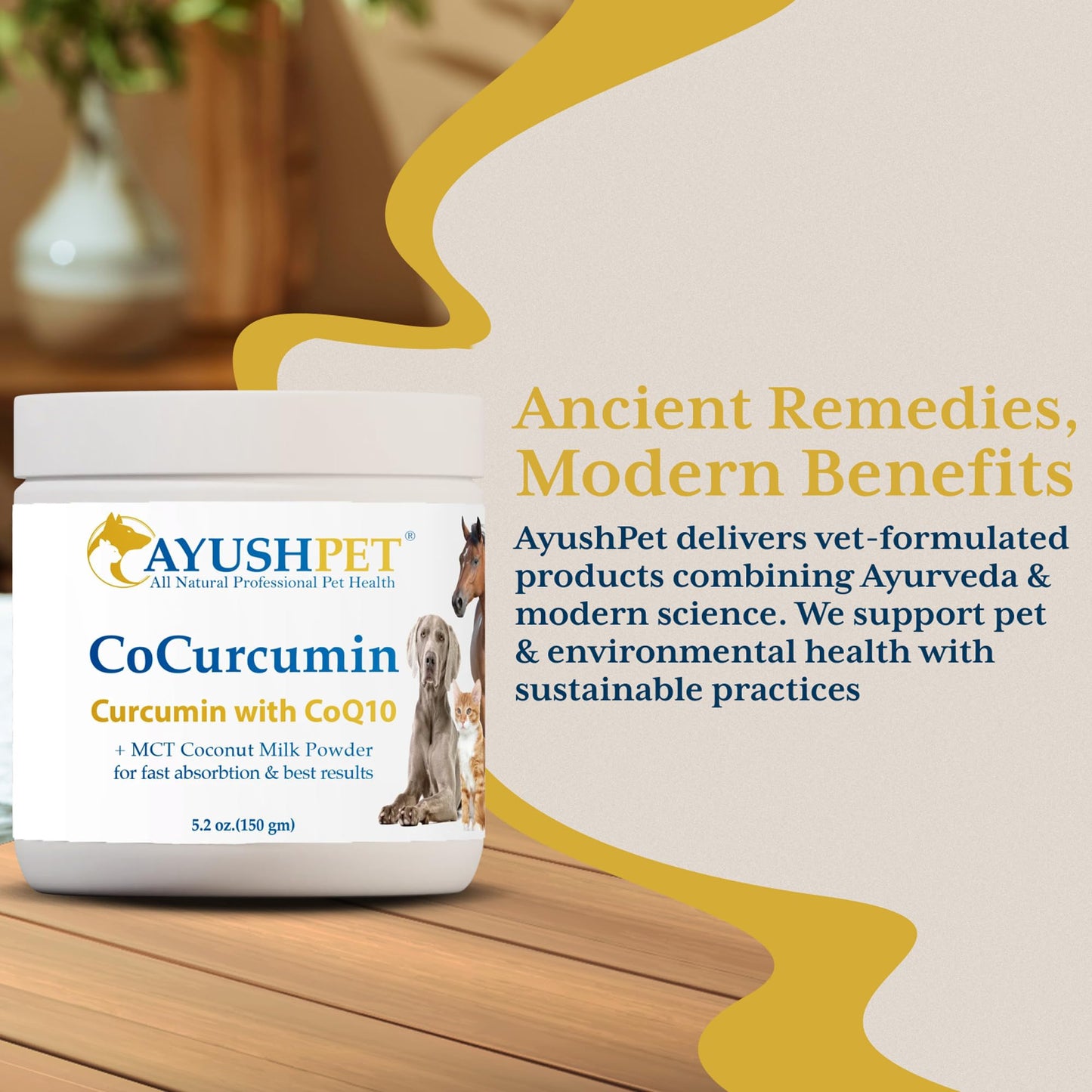 Ayush Herbs Ayush Pet CoCurcumin with Coq10, Muscle and Joint Pet Superfood Powder, Heart and Digestion Support, Small or Large Animals, Young and Senior Pet Supplement, 5.2 Ounces